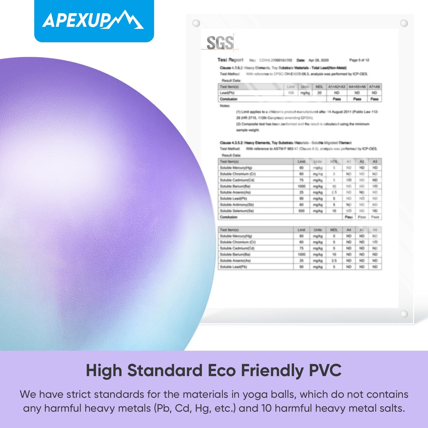 APEXUP Yoga Ball, 660 lbs Anti-Burst Exercise Ball with Pump, 5 Sizes (L(23"~26") 65cm, Blue Purple)
