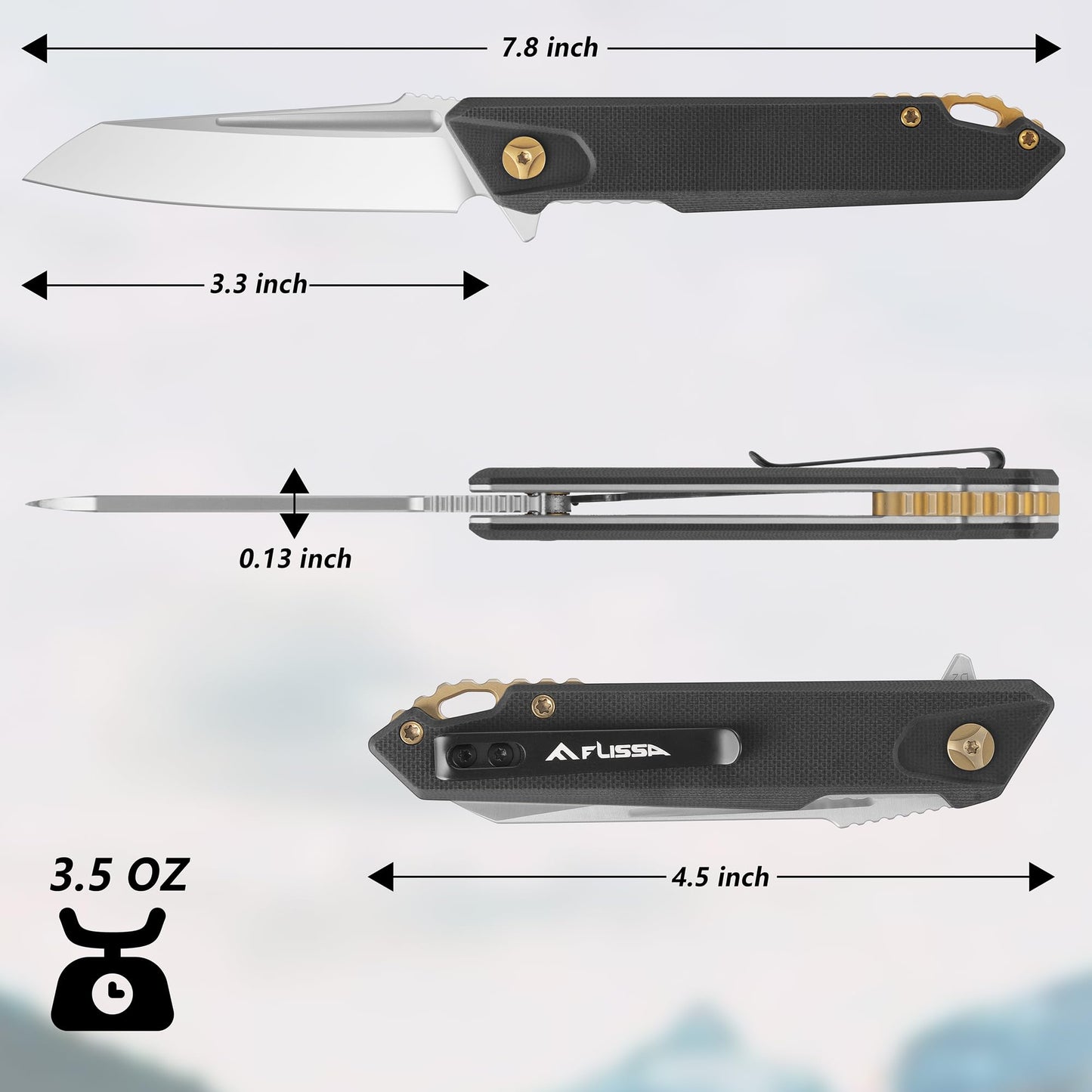 FLISSA Folding Pocket Knife, EDC Knife with D2 Steel Blade and G10 Handle, Pocket Clip, Suitable for Camping, Hiking, Fishing, Daily Use, Outdoor Activities(Black)