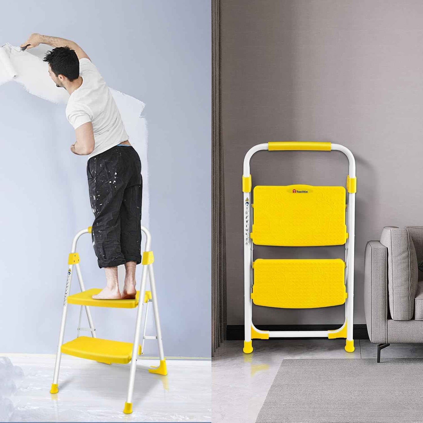 Portable 3-Step Folding Ladder - Sturdy Steel Step Stool with Anti-Slip Pedal & Handgrip, 500lbs Capacity for Home & Office