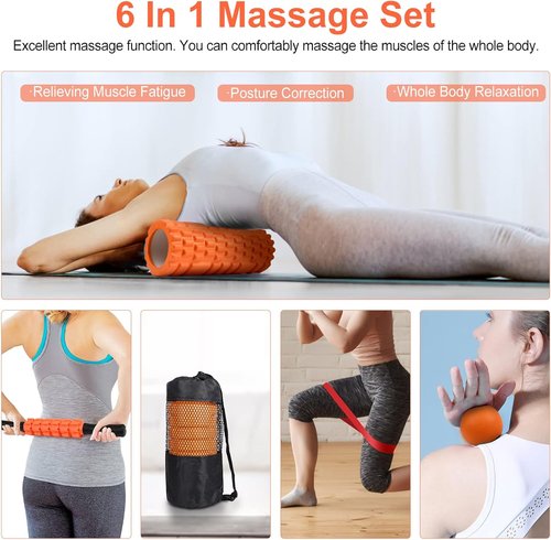 Aucuu Foam Roller Set - 5-in-1 Massage Roller, Yoga Stick, Ball & Stretching Strap | Orange
