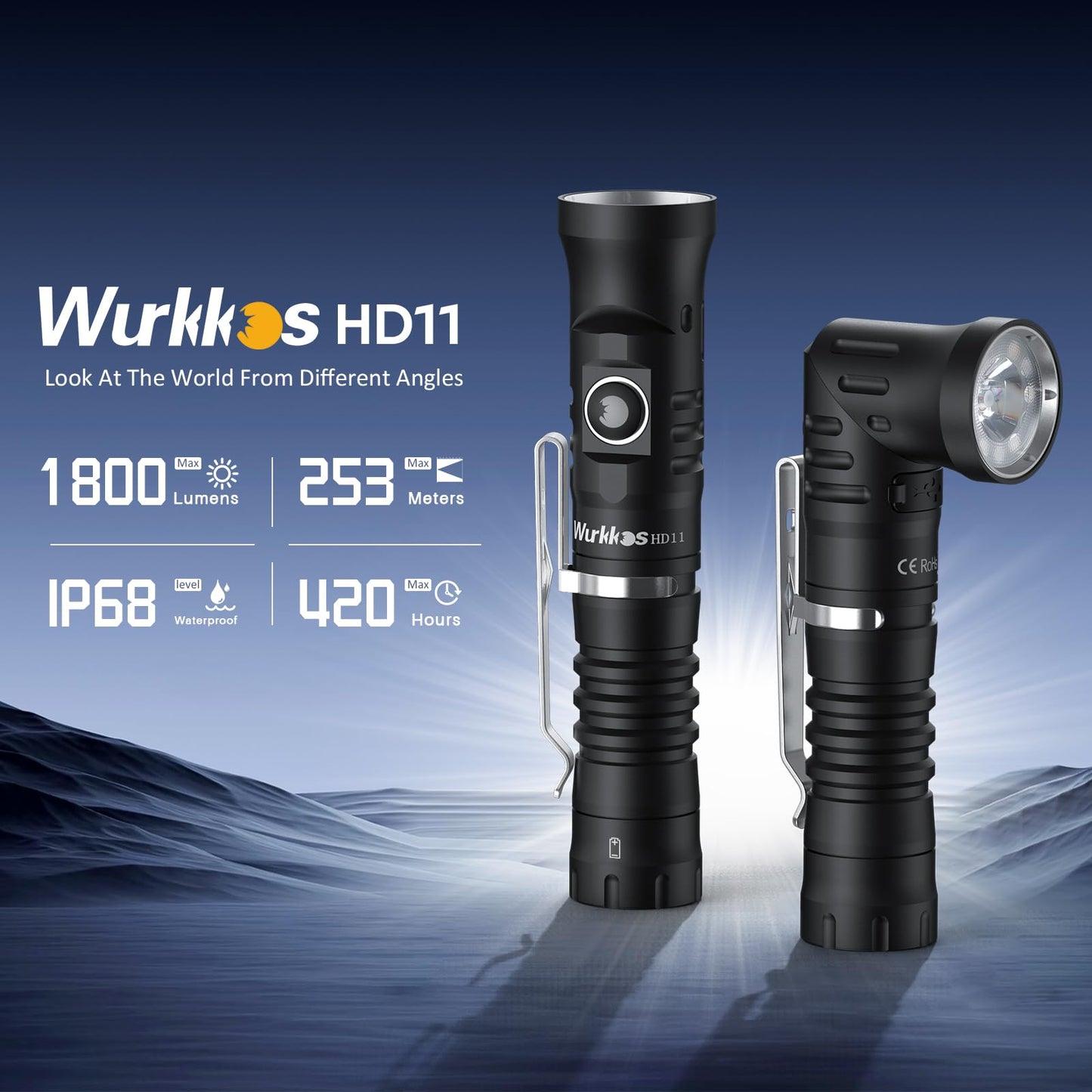 Wurkkos HD11 Right Angle Flashlight with Red Light, 1800 Lumens 90 Degree Spotlight & Floodlight EDC Flashlight, IP68 Waterproof for Working Outdoors
