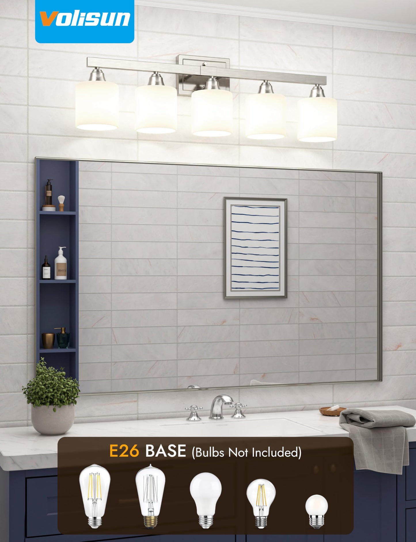 VOLISUN Brushed Nickel Bathroom Light Fixtures, 5-Light Bathroom Vanity Lights Over Mirror, Modern Vanity Light for Bathrooms, Bathrooms Lights Fixtures Over Mirror with Milky White Glass Shades