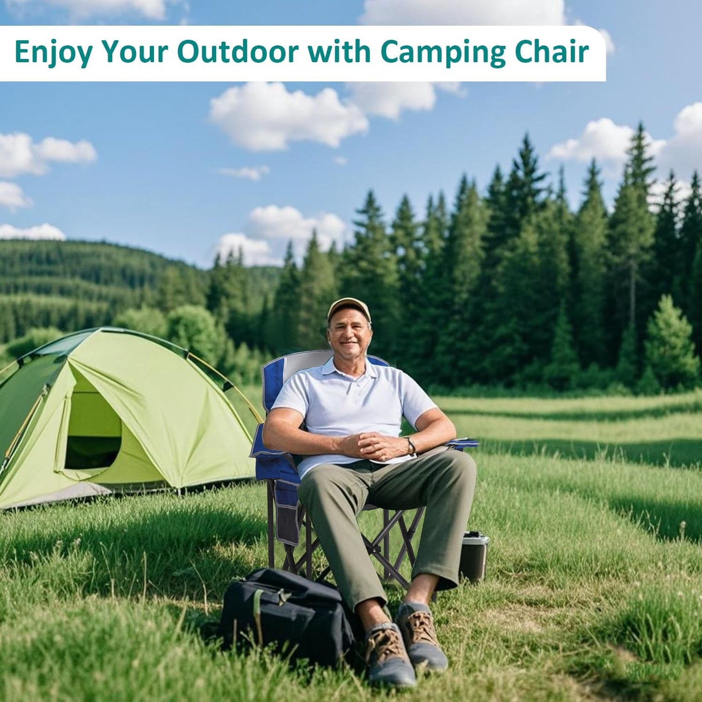 Regine Switzerland Heavy Duty Camping Chairs - 500lbs Capacity, High Back, Portable with Cooler Bag & Cup Holder, Blue | 2 Pack