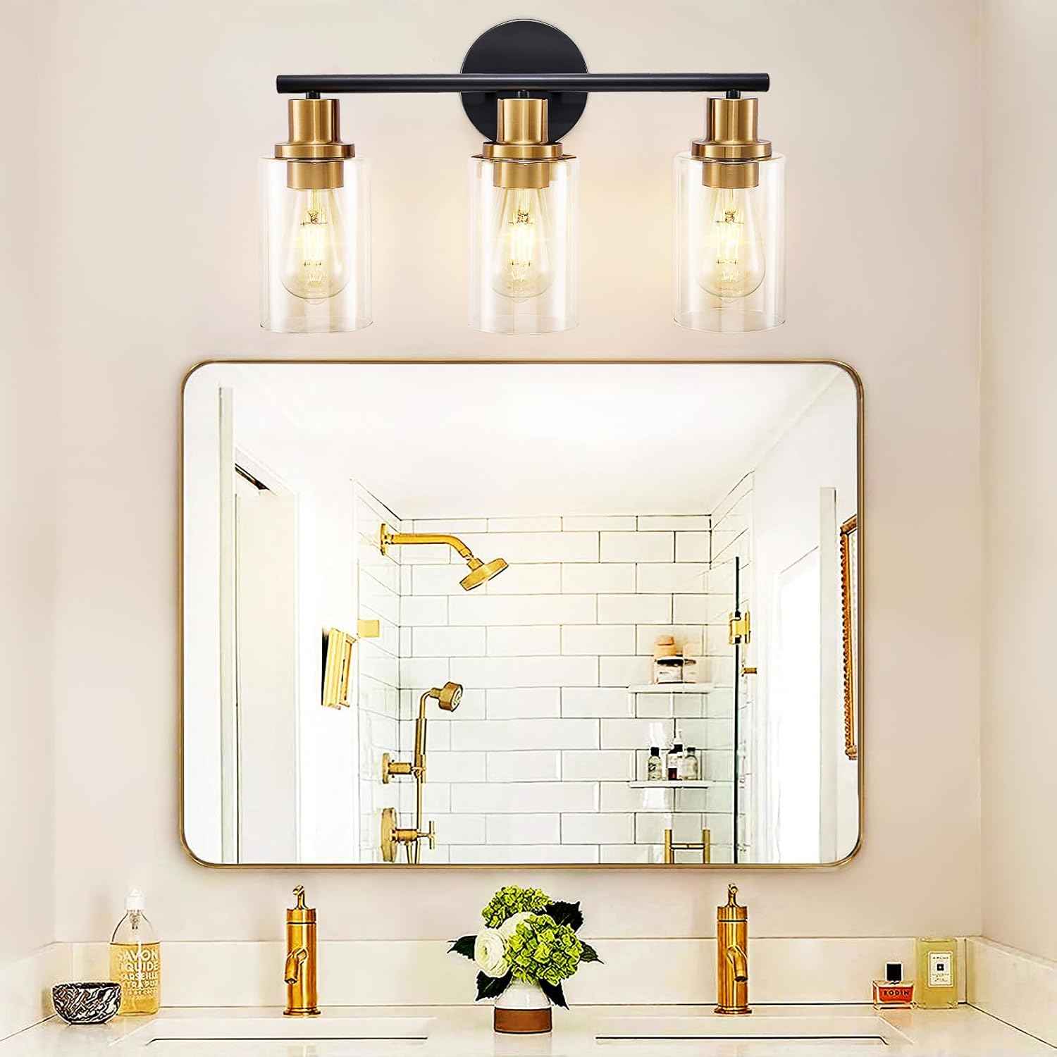 Modern Black 3-Light Bathroom Vanity Light Fixtures with Clear Glass Shades - 2 Pack
