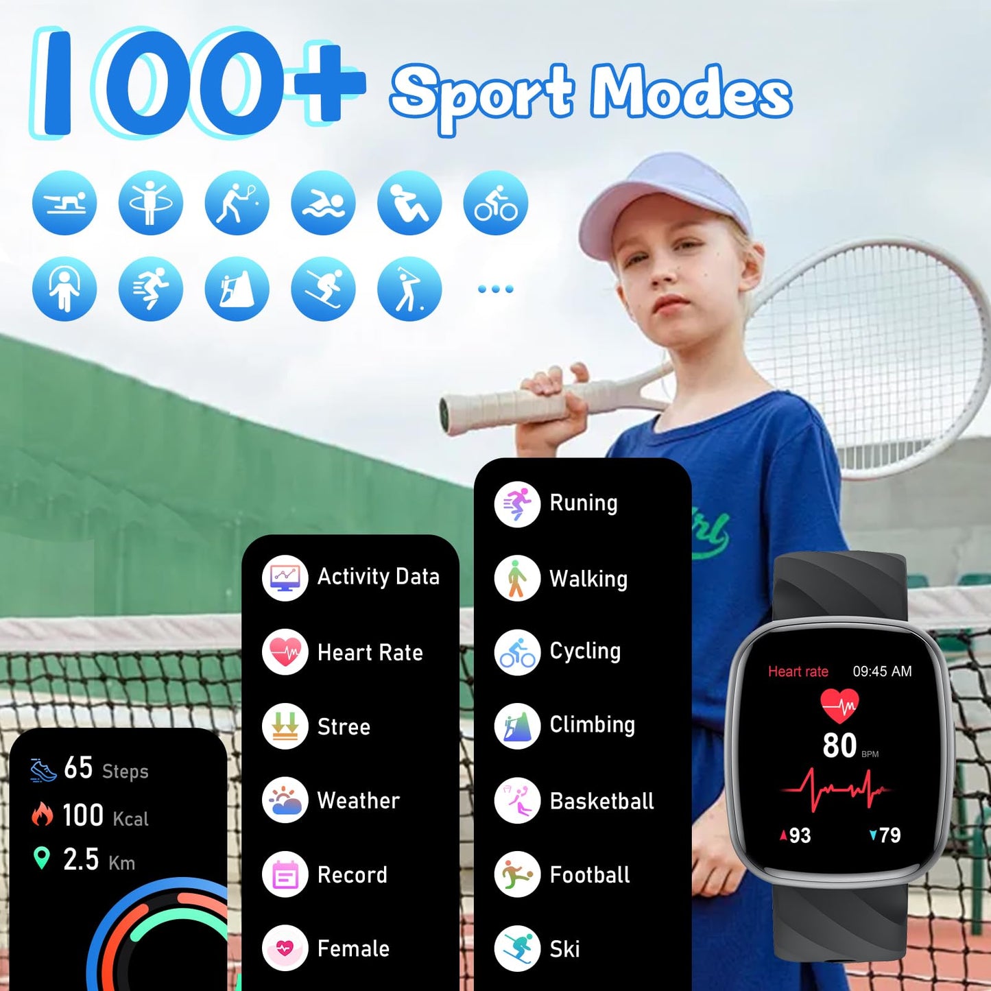 Smart Watch for Kids, Fitness Tracker with Pedometer, 100+ Sport Modes, Heart Rate, Sleep Monitor, Spo2, Calorie Step Counter, Fitness Watch 1.75"HD, Birthday Gifts for Girls Boys Teens 5-16 Black