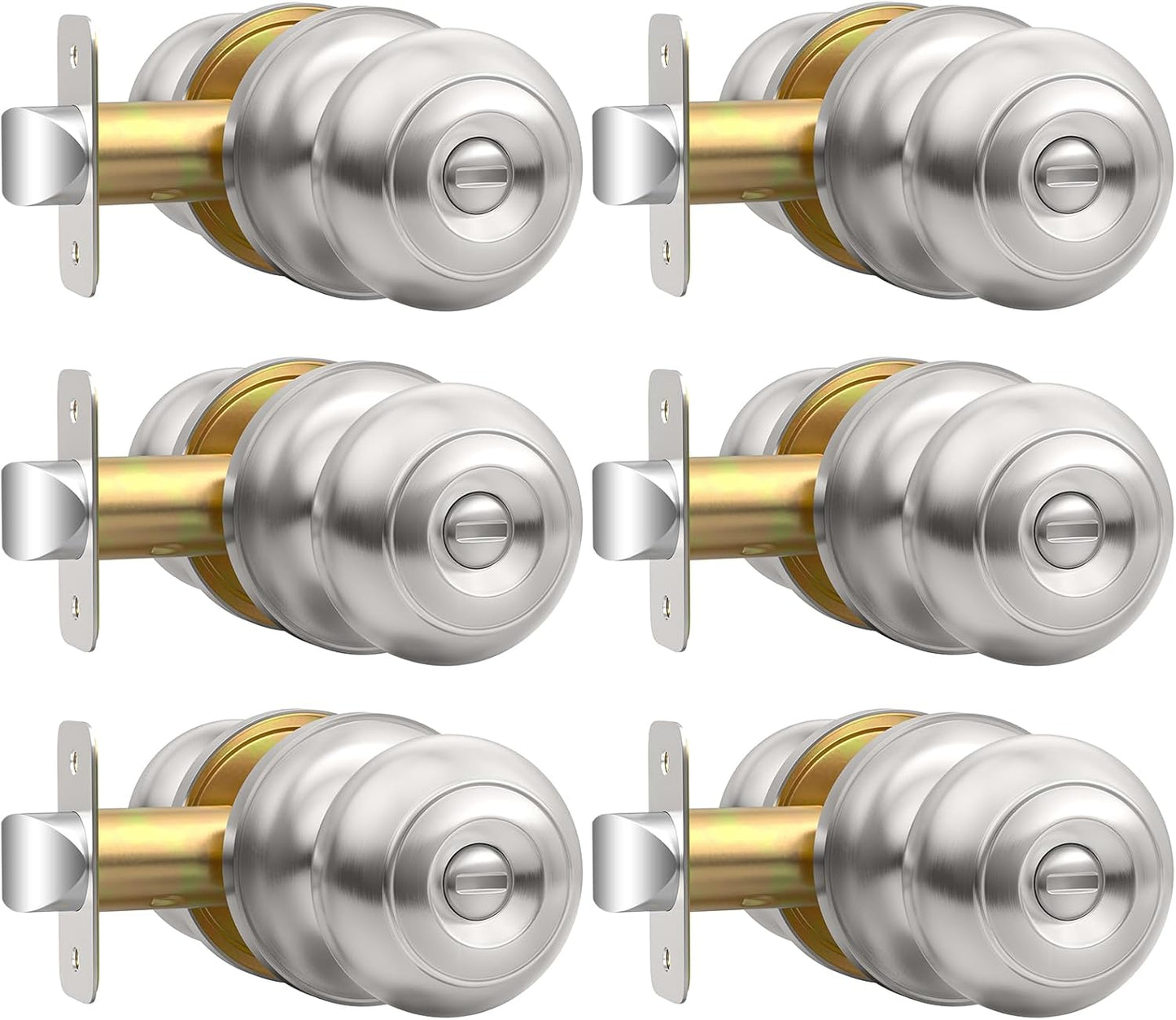 Brushed Nickel Privacy Door Knob Set - Keyless Interior Locks for Bedroom & Bathroom (6 Pack)