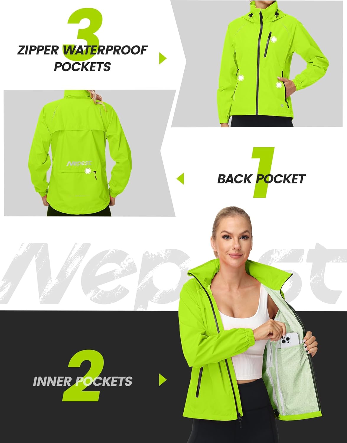 Nepest Women's Cycling Rain Jacket - Lightweight Waterproof Windbreaker with UPF 50+ Protection | Packable & Reflective