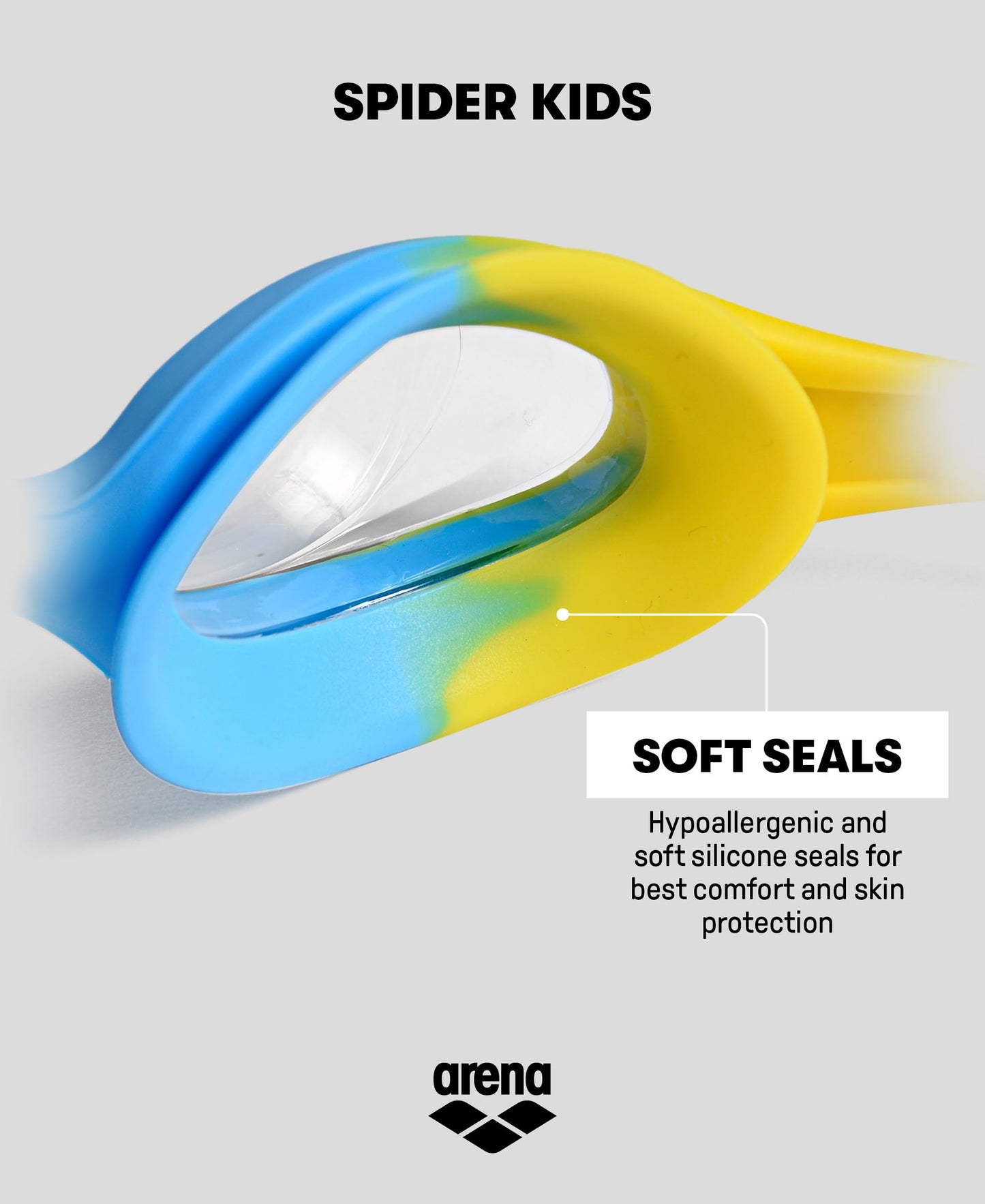 ARENA Unisex Spider Kids Swim Goggles for Boys and Girls Ages 2 to 5, Anti-Fog Non-Mirror Lens, Easy to Use Strap No Leak Goggle, Clear/Yellow/Lightblue