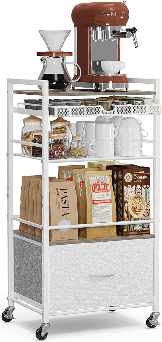 Modern White Coffee Bar Cabinet on Wheels - 5-Tier Storage Station with Drawer for Home Kitchen & Liquor Buffet
