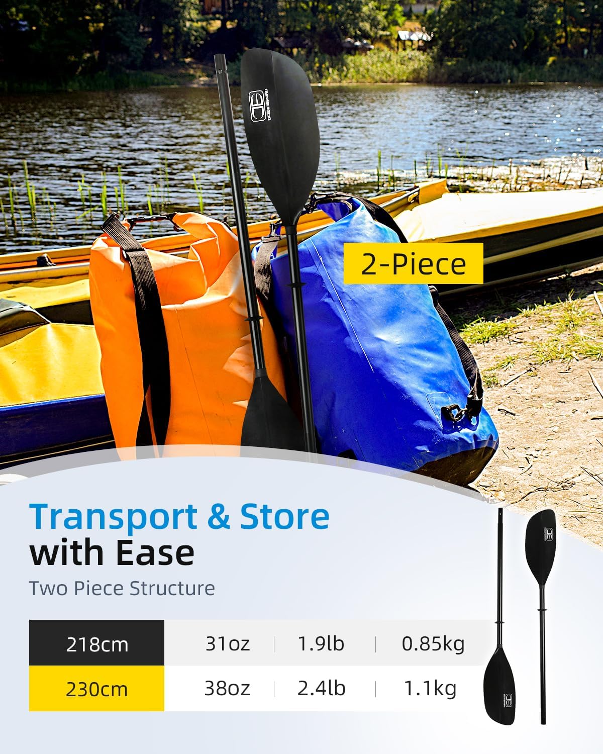 OCEANBROAD Kayak Paddle - 2-Piece Floatable Alloy Shaft | 86in/218cm & 90.5in/230cm Options for Kayaking