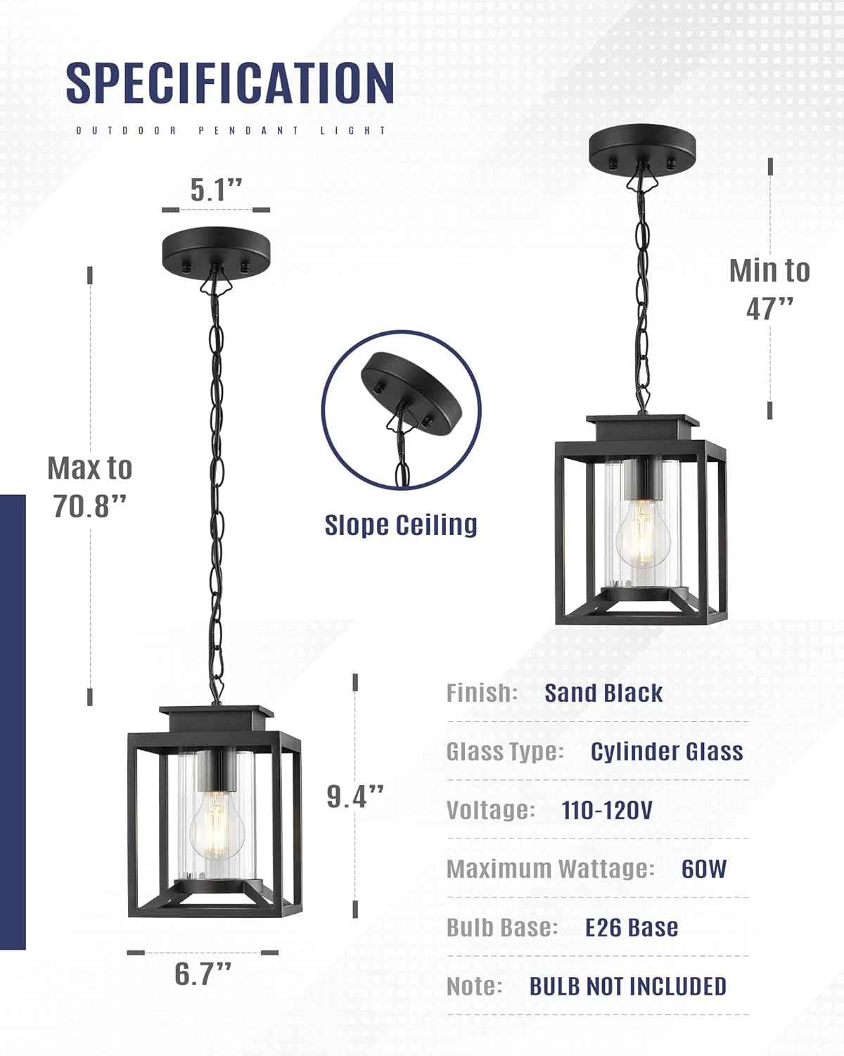 Modern Black Outdoor Pendant Light - 1-Light Hanging Lantern for Porch & Gazebo