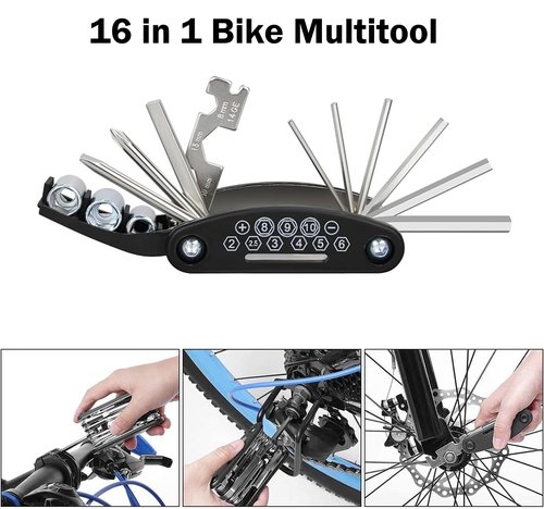 Bike Repair Tool Kit Bicycle Repair Bag with Tire Pump, 16-in-1 Bike Multitool Kit for Mountain Road, Bicycle Tire Repair Kit, Multitool Bicycle Accessories for Road Mountain Bike