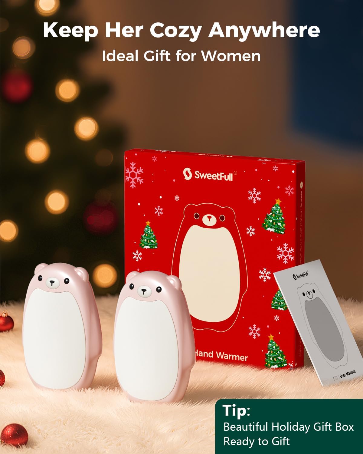 Sweetfull Hand Warmers - Rechargeable Cute Bear Design | 2 Pack Magnetic Hot Hands, Portable Electric Heater for Outdoor & Camping