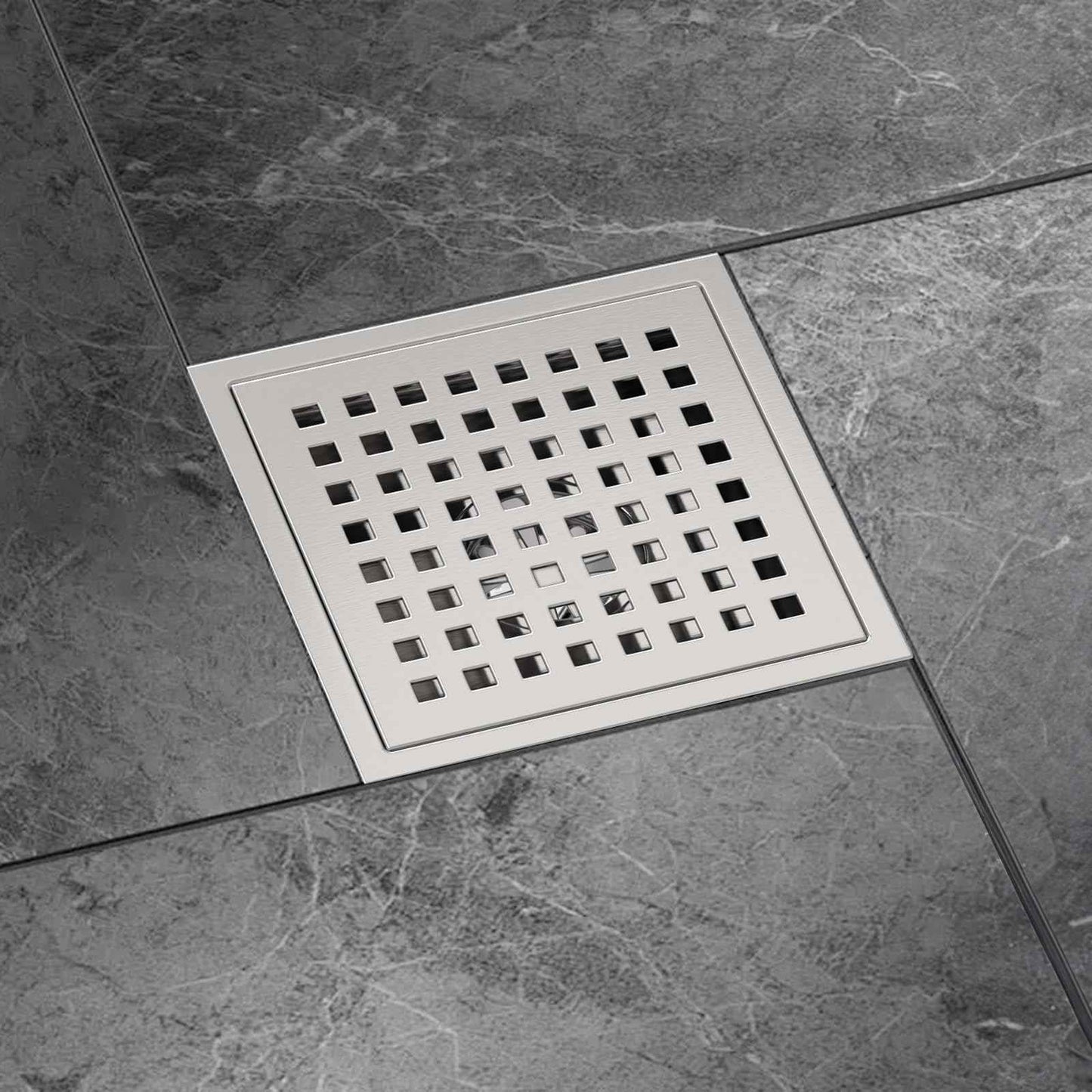 Premium 6 Inch Square Shower Floor Drain with Flange - Quadrato Pattern Removable Grate, Brushed Nickel Food-Grade SUS 304 Stainless Steel