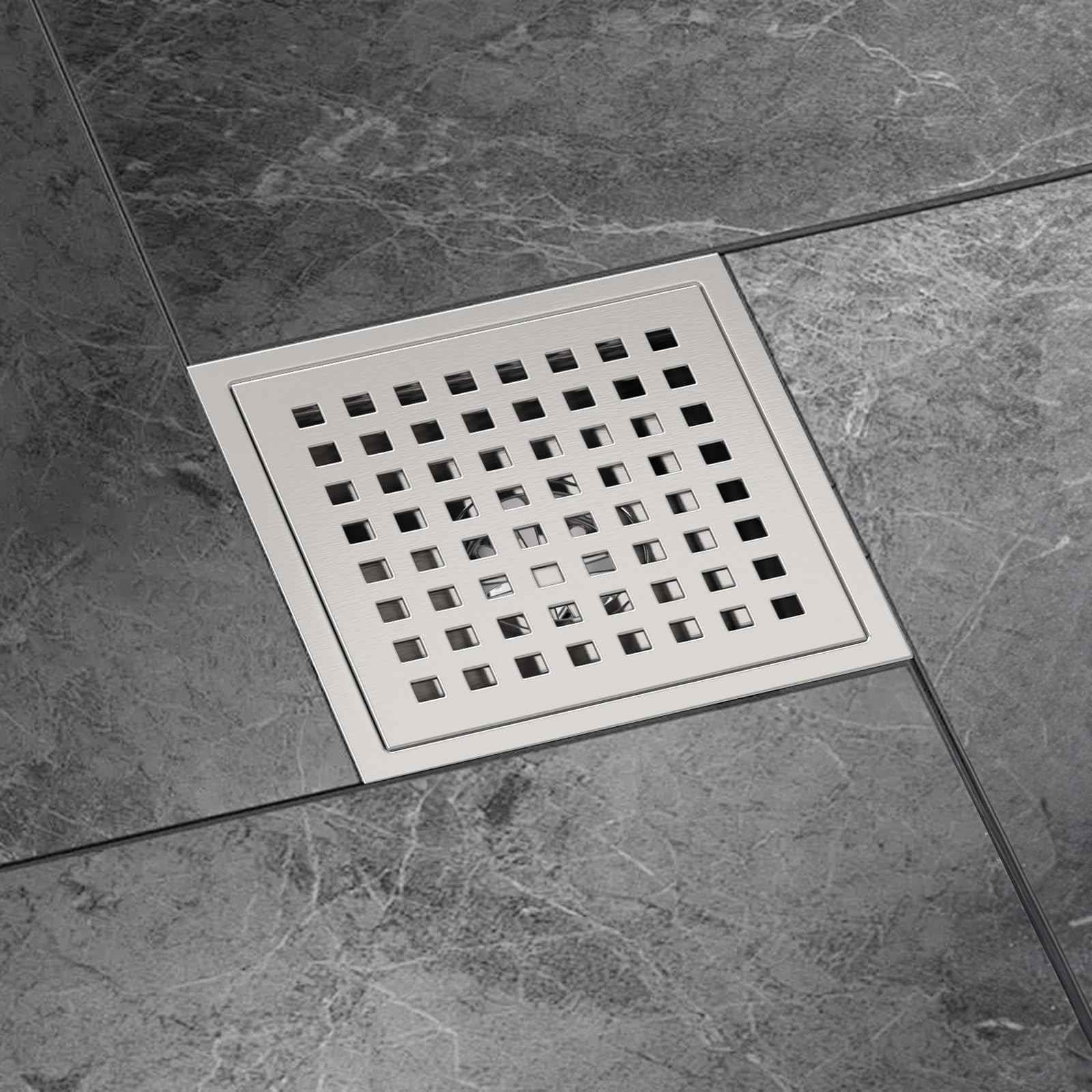 Premium 6 Inch Square Shower Floor Drain with Flange - Quadrato Pattern Removable Grate, Brushed Nickel Food-Grade SUS 304 Stainless Steel