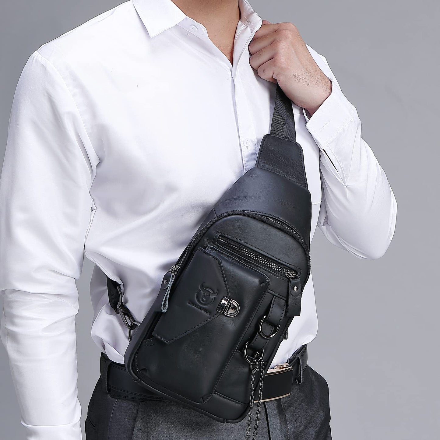 Leather Sling Bag Multipurpose Daypack for Men Women Outdoor Travel Camping Hiking Crossbody Shoulder Chest Pack (Black)