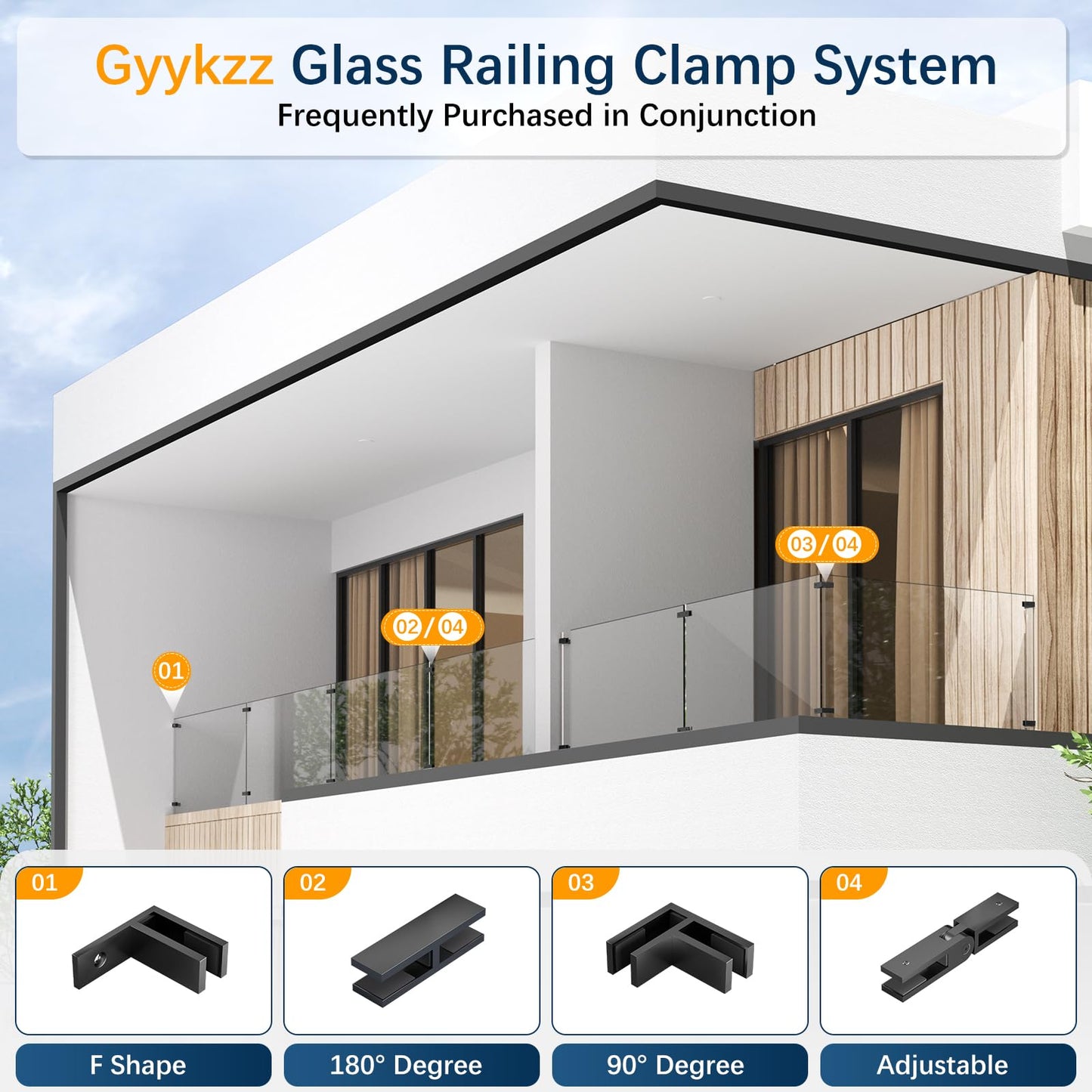 Gyykzz 8 Pack Black 90 Degree Railing Glass to Glass Clamp No Drilled Required, T304 Railing Clip Fit for 3/8"-1/2"(10mm-13mm) Thinkness Balustrade, Double Sided Bracket Holder for Fence, Balcony Deck