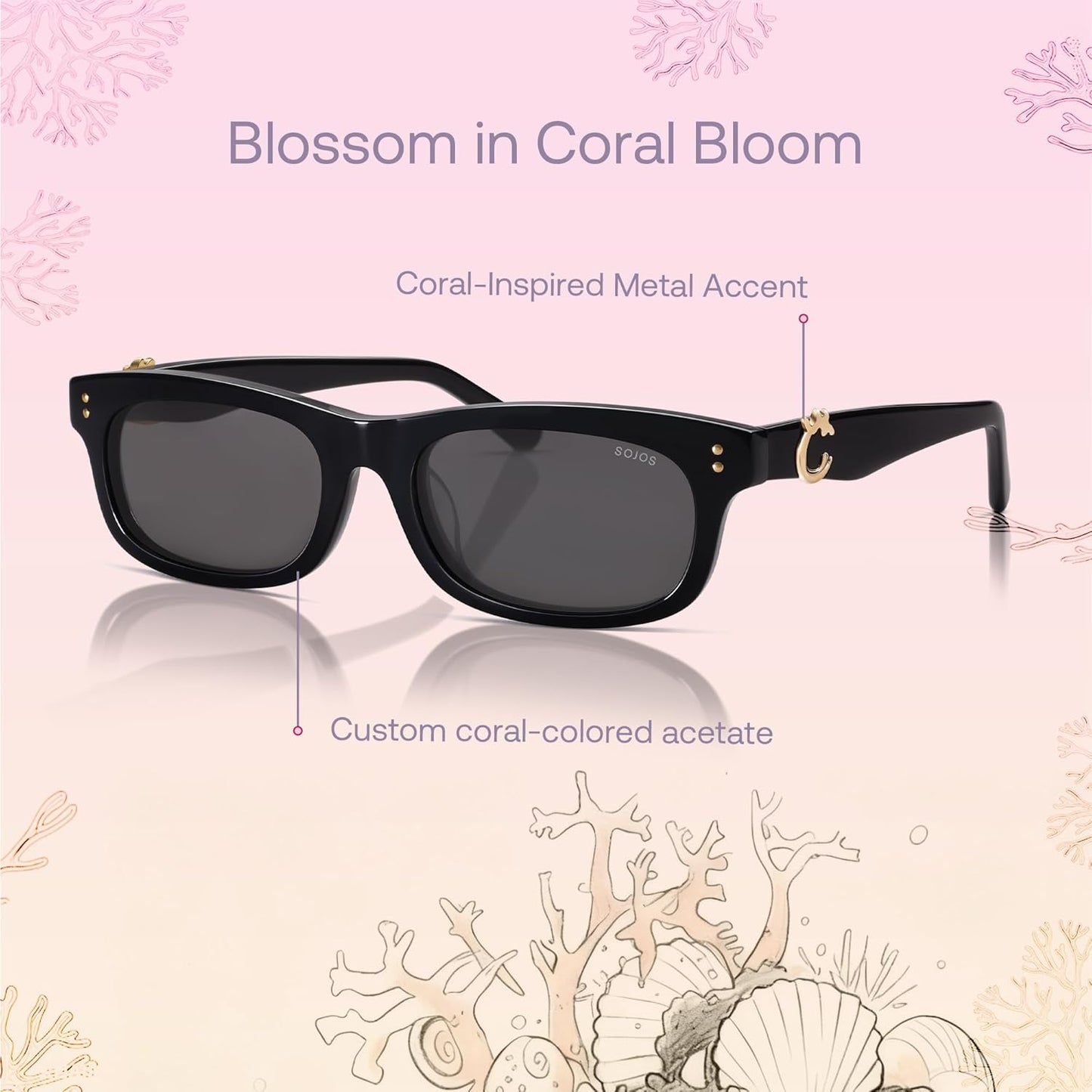 SOJOS Polarized Narrow Rectangle Sunglasses for Women - Retro Classic Acetate Frame in Lace Coral