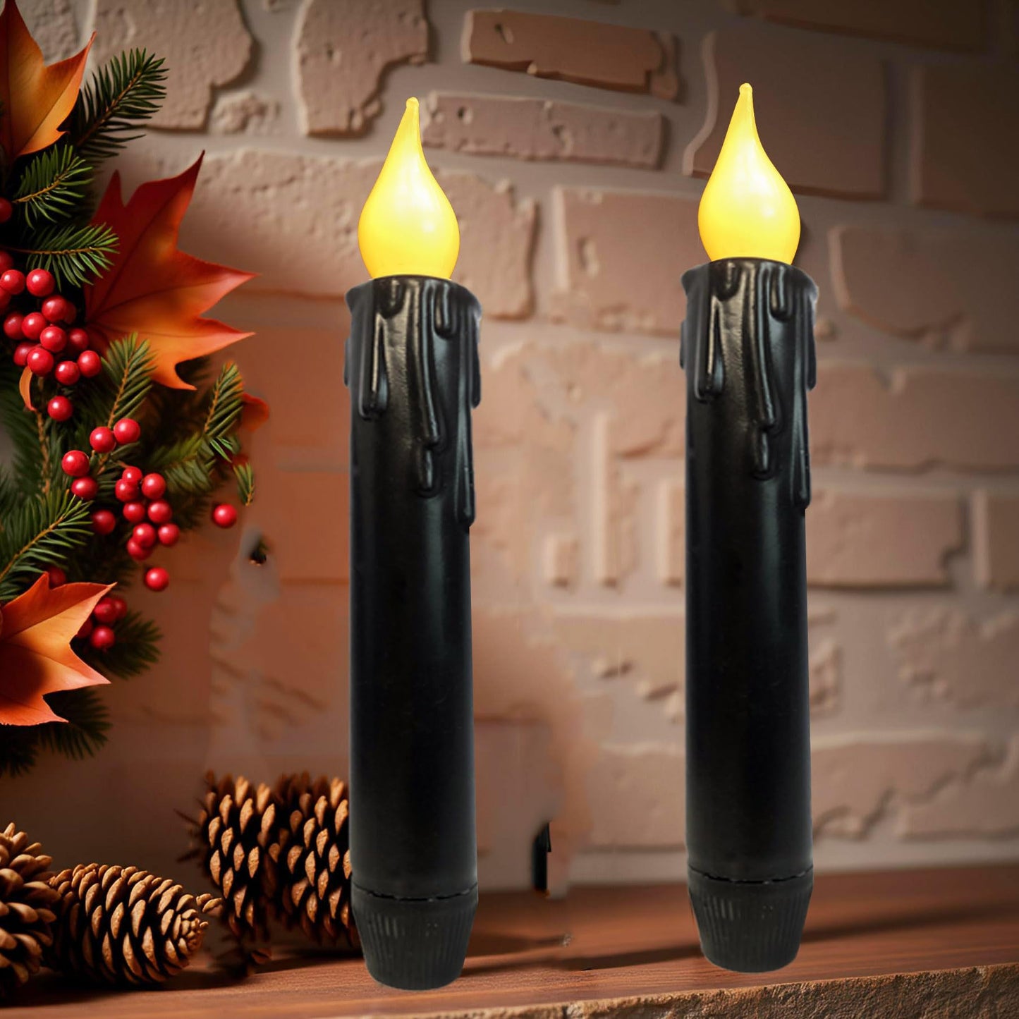 LINCOUNTRY.Primitive Wax Black Flameless Taper Candles Flickering Led Dripped Battery Operated Taper Candles with Timer,6.75 Inch 3D Wick, Christmas Home Halloween Fireplace Decor