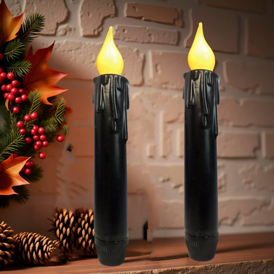 LINCOUNTRY.Primitive Wax Black Flameless Taper Candles Flickering Led Dripped Battery Operated Taper Candles with Timer,6.75 Inch 3D Wick, Christmas Home Halloween Fireplace Decor