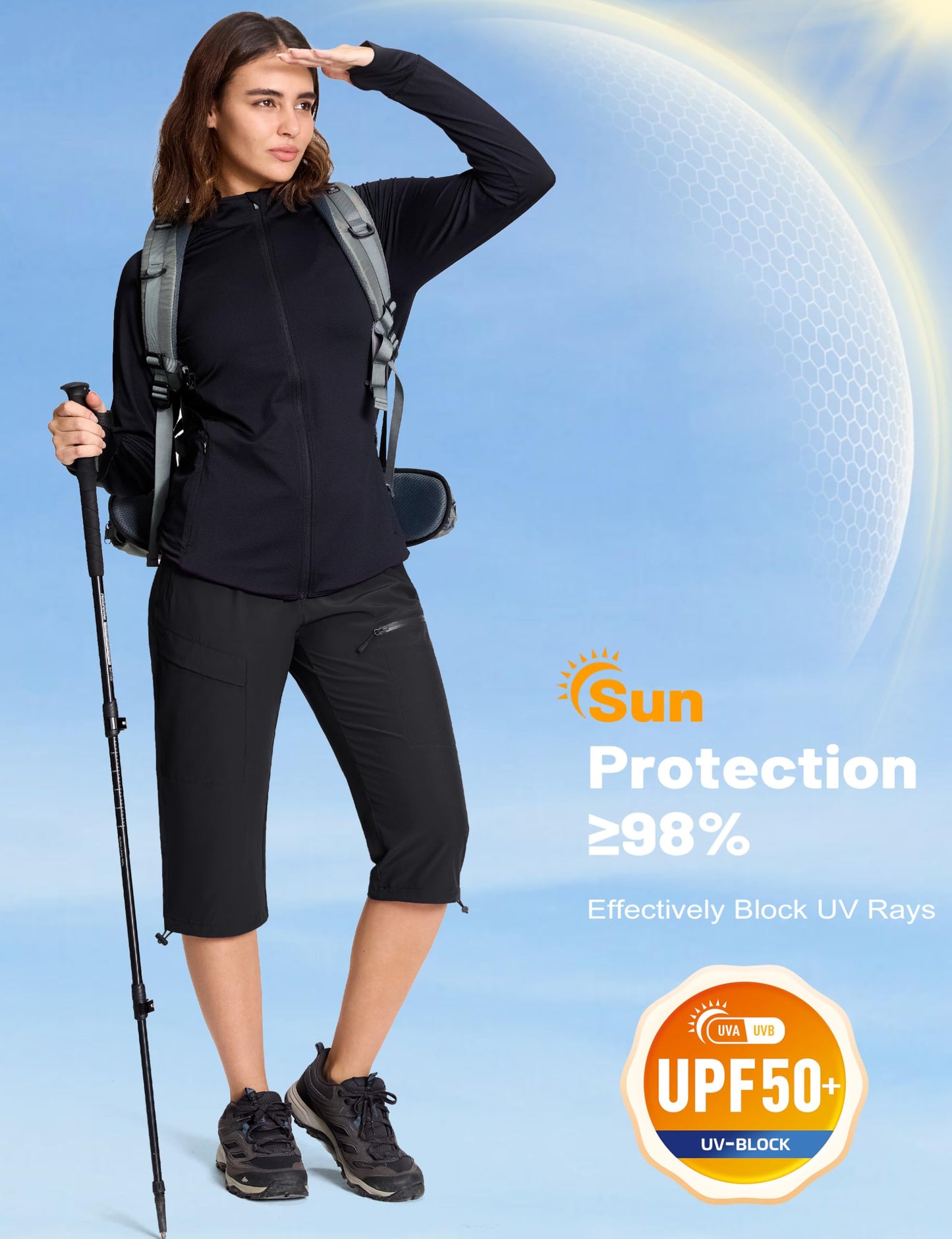 MAGCOMSEN Women's Capri Pants with 5 Pockets Hiking Lightweight Quick Dry Cargo UPF 50+ Summer Travel Golf Workout Casual Black L