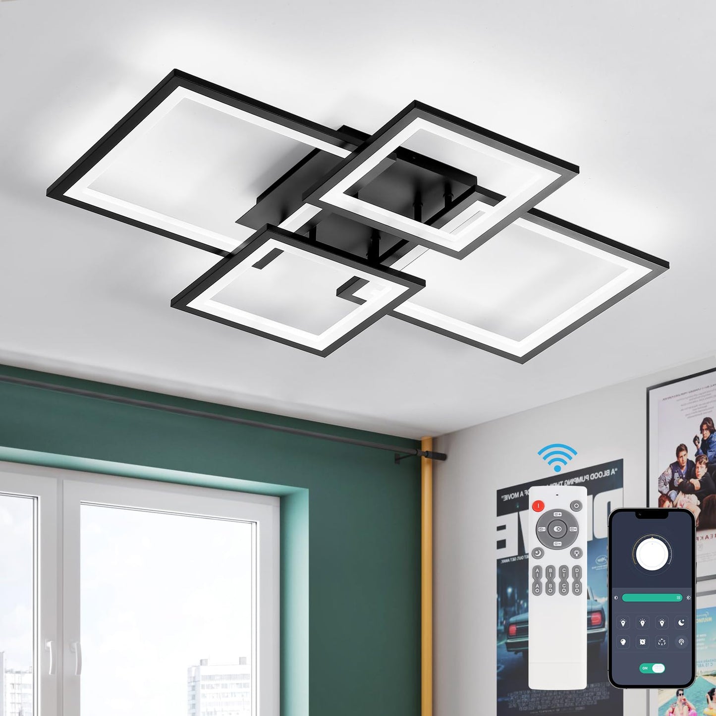 EIDISUNY Modern LED Ceiling Light, Square LED Flush Mount Ceiling Light, Dimmable Kitchen Light Fixtures with Remote&APP, Close to Ceiling Lighting Fixture for Dining Room Kitchen Living Room Bedroom