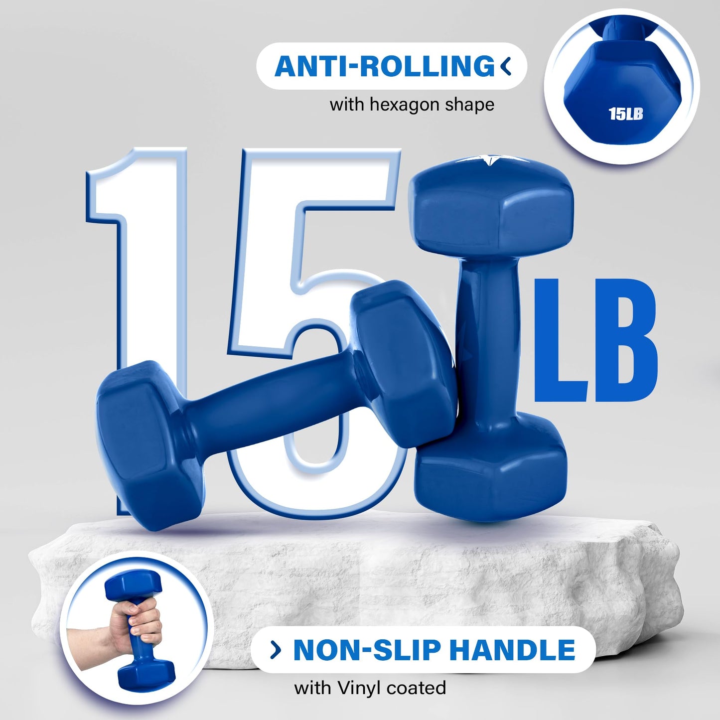 Yes4All Dumbbell Vinyl Coated - 15 lbs - Nautical Blue - Pair