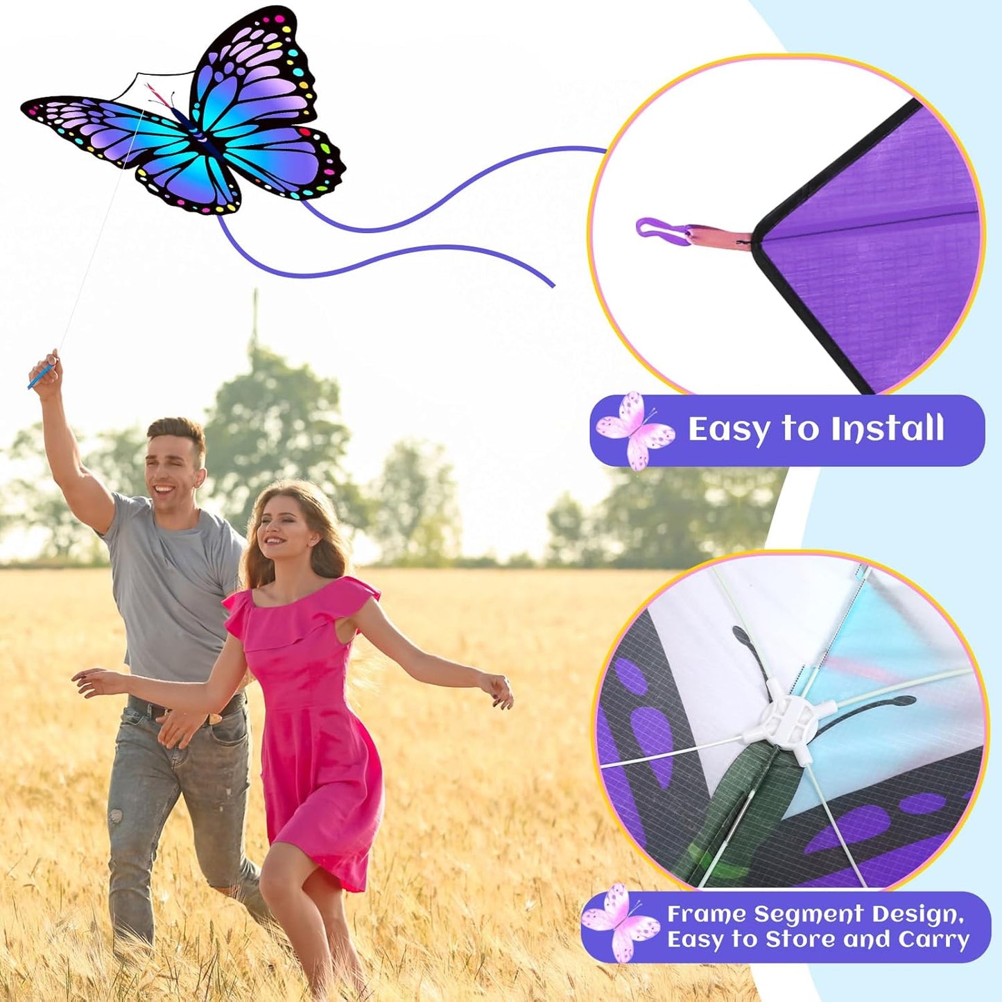 Silipull Butterfly Kites - Large 55"x28" Colorful Kites with 328ft String for Adults & Beginners | Purple & Orange