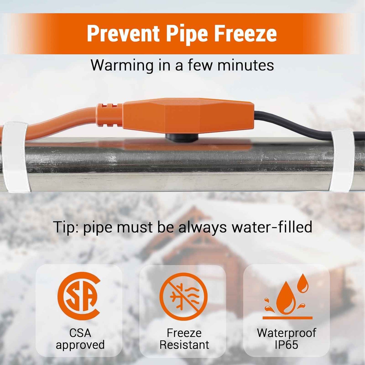 12FT Pipe Heat Tape and Heat Cable with Built-in Thermostat, Easy Install, Prevents Freezing for Metal and Plastic Pipes, Keeps Water Flowing at -40°F, 7W/ft, 120V
