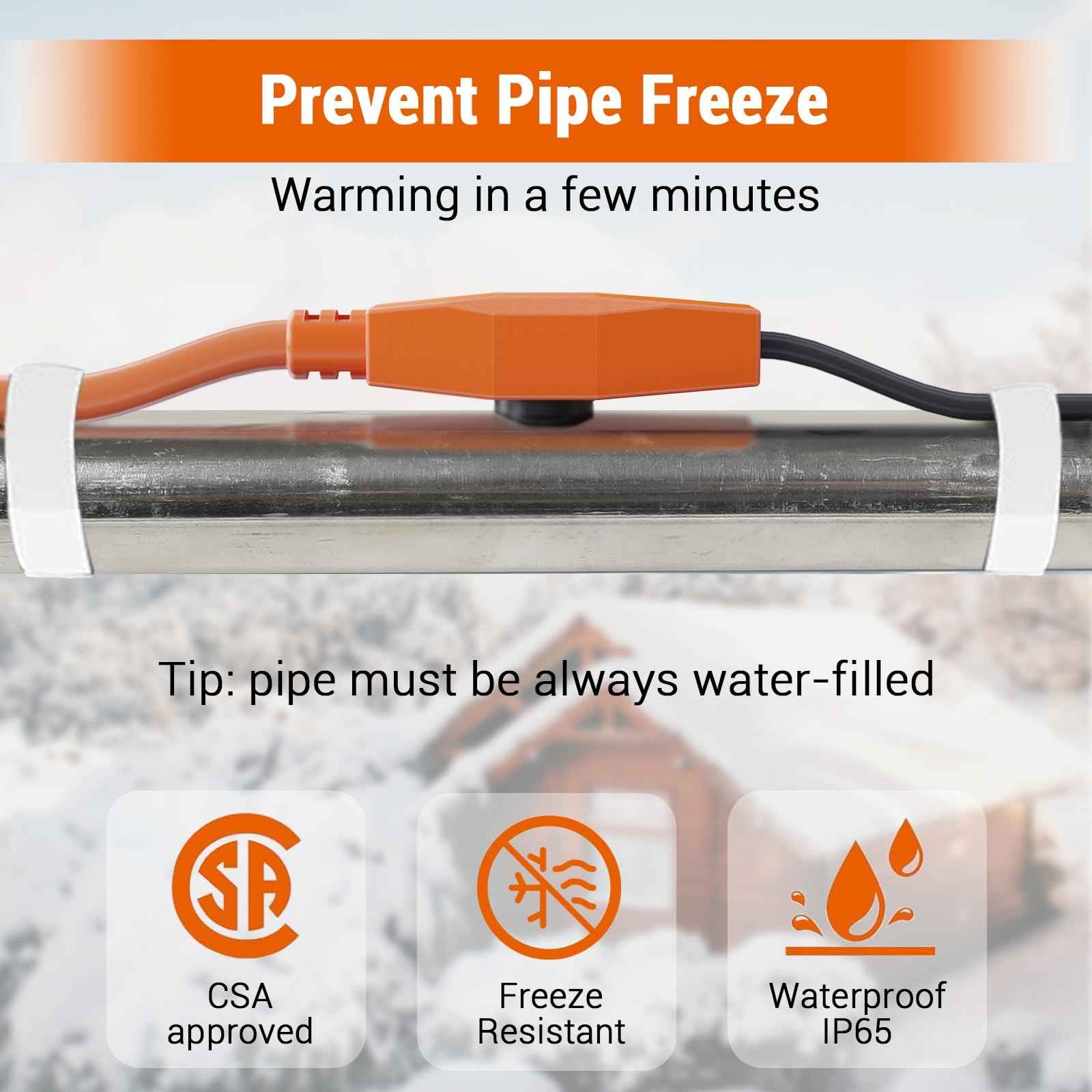12FT Pipe Heat Tape and Heat Cable with Built-in Thermostat, Easy Install, Prevents Freezing for Metal and Plastic Pipes, Keeps Water Flowing at -40°F, 7W/ft, 120V
