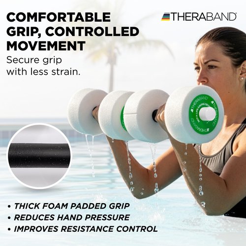 THERABAND Water Weights, Aquatic Dumbbells for Pool Fitness, 2 Foam Weights with Padded Grip for Water Aerobics, Therapy, Workouts, Pool Exercise Equipment, Aqua Training, Green, Medium, Intermediate