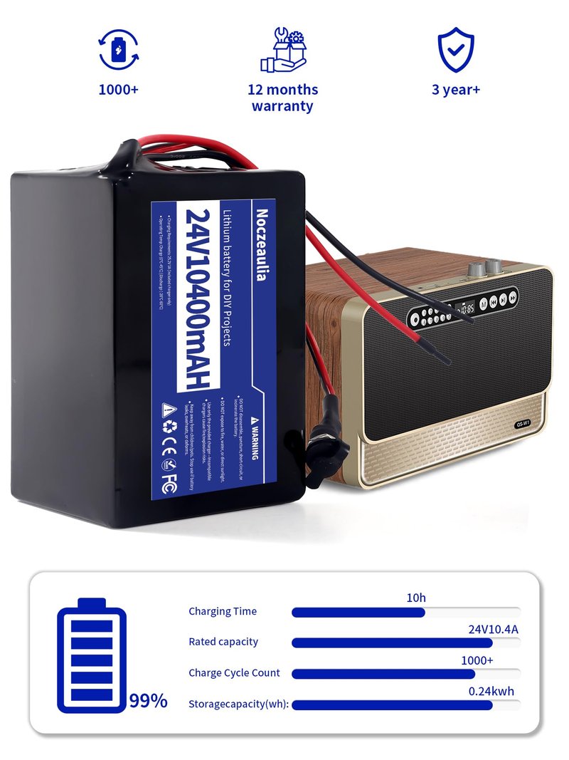 Noczeaulia 24V 10.4Ah Lithium Battery with 25.2V 1A Charger, 24V Rechargeable Battery for LED Strips and DIY Projects Black
