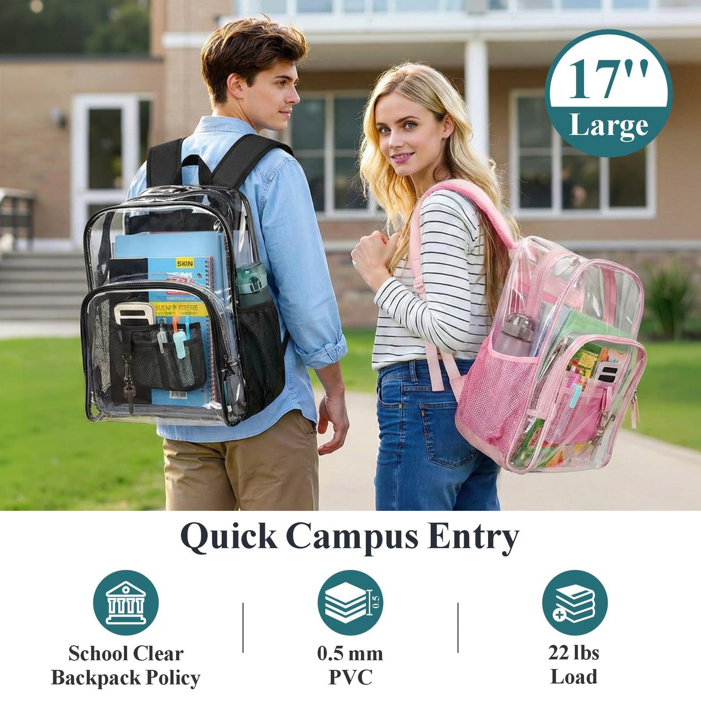 PACKISM Clear Backpack for School - 17 inch Heavy Duty Clear Bookbag