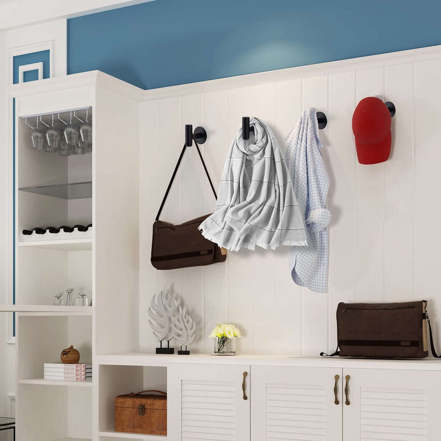 Bntuk Adhesive Towel Hooks, Heavy Duty Wall Hooks Stainless Steel Waterproof Shower Towel Hooks, Coat Hook for Hanging Clothes, Adhesive Hooks for Bathroom, Glass Window- 4 Pack, Black