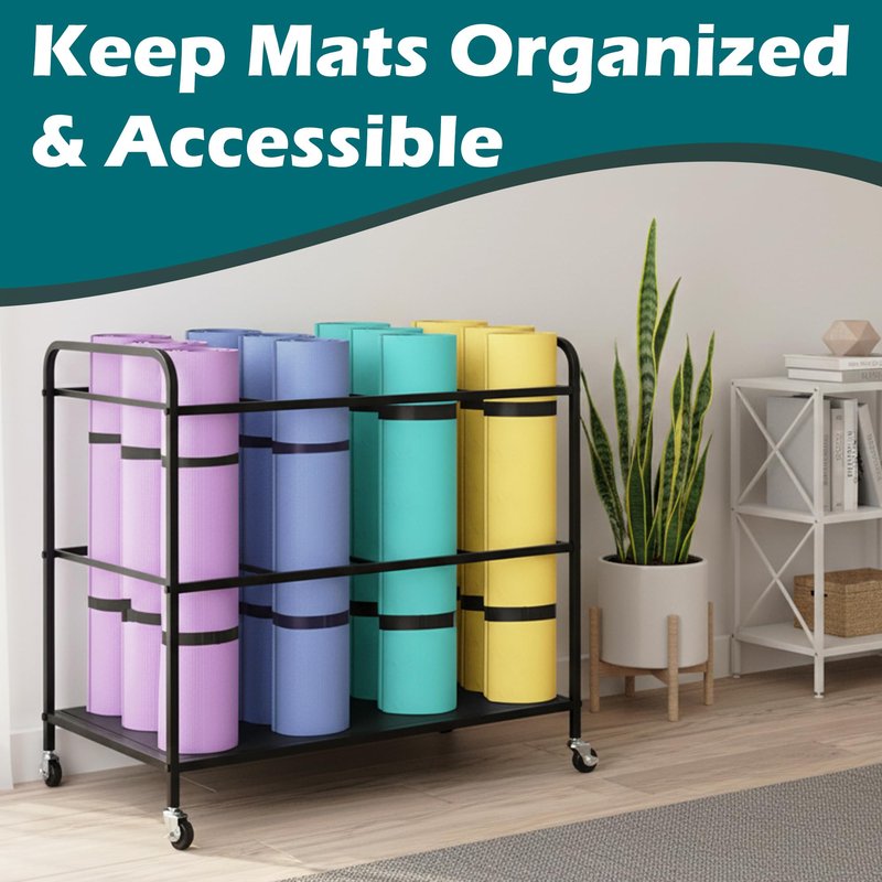 VERSSURE Yoga Mat Storage Basket,Yoga Mat Rack with Lockable Wheels,Holds up to 90lbs Gym Equipment Organizer Holder for Dumbbells, Kettlebells and Foam Rollers (Black)