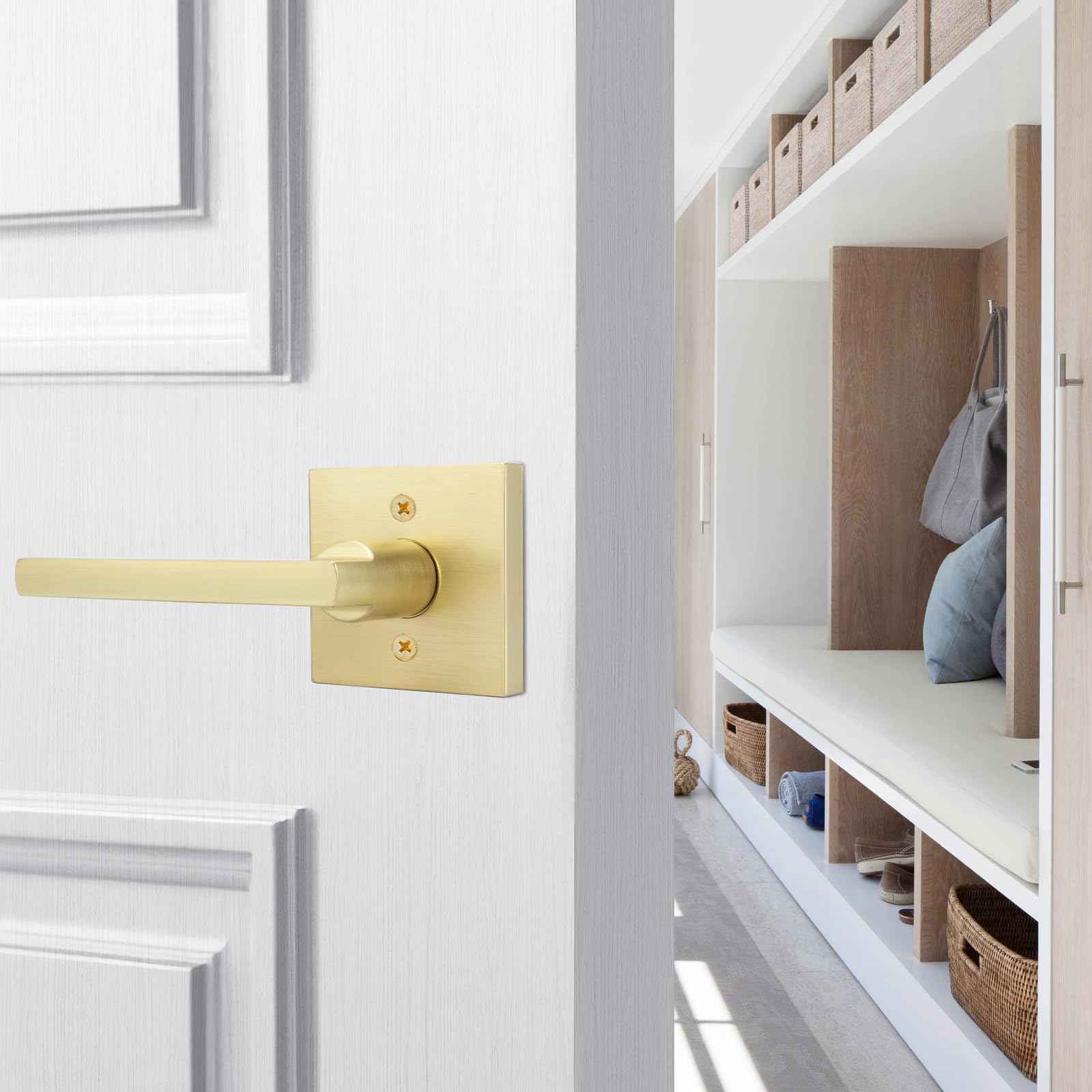 goldenwarm Gold Dummy Door Handles, No-Turning Brushed Brass Door Dummy Levers, Brushed Gold Dummy Handle（3 Pack）