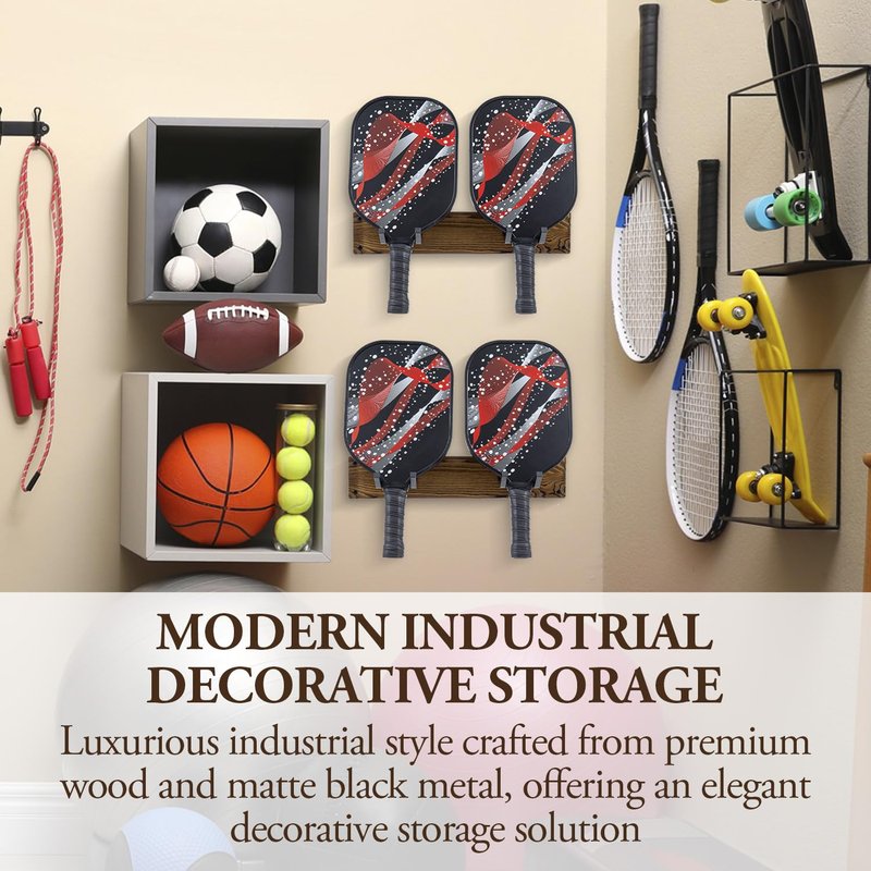 MyGift Pickleball Paddle Holder Rack, Deluxe Urban Industrial Style Solid Wood and Matte Black Metal Wall Mounted Pickleball Racks, Set of 2