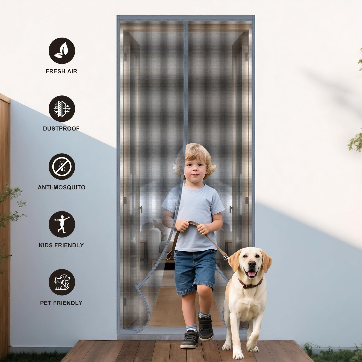 ABXMAS Magnetic Screen Door 36" x 81" Grey, Mesh Magnets Door Screen with Buckles Stay Open Option, Heavy Duty Enhanced Screen Mesh, Self Sealing, Hands Free