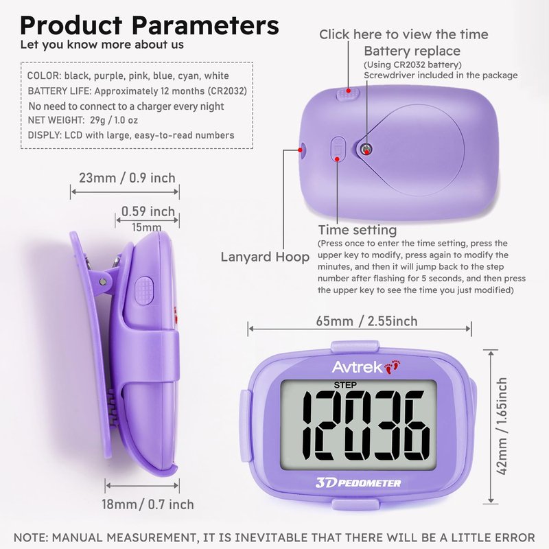 AVTREK 3D Pedometer Clip On-Step Counter for Walking-No App No Phone-LED Backlight-Accurate Step Tracker Clip for Women,Men,Senior(Purple)