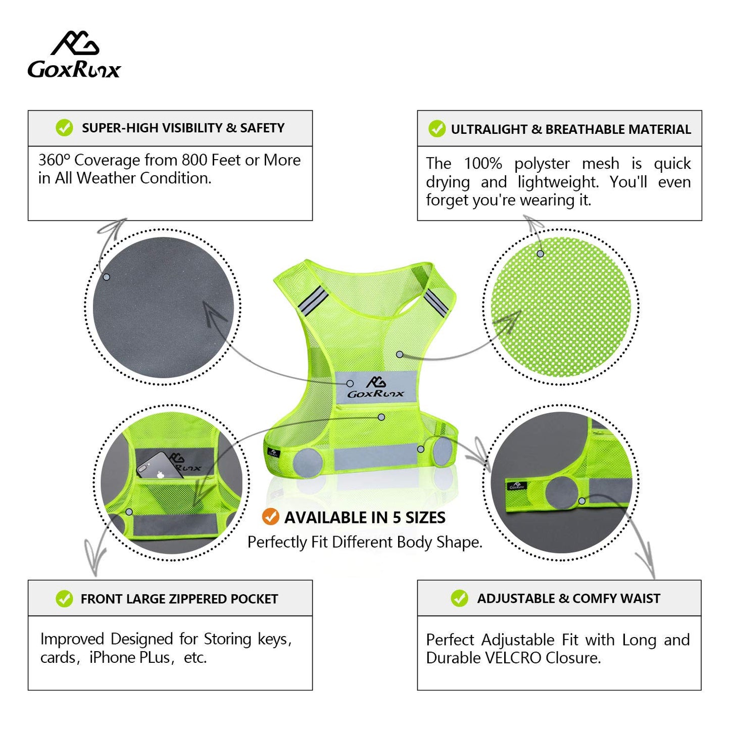 GoxRunx 2 Pack Reflective Vest Running Gear Ultralight Runner Safety Vest+Armbands & Bag