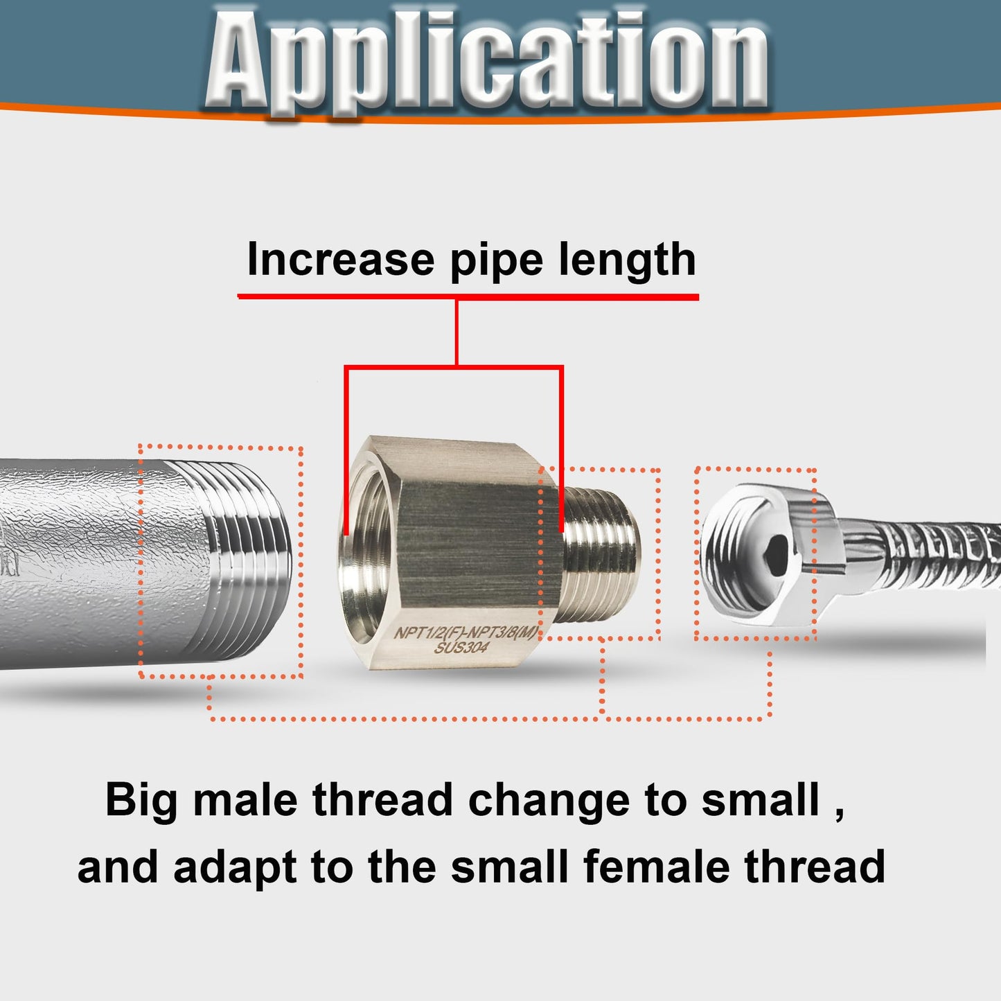 3/8" Female to 1/4" Male NPT Reducer Adapter, 304 Stainless Steel Reducing Pipe Fittings Adapter, 1/4" MNPT X 3/8" FNPT Reducer Pipe Extension Connector