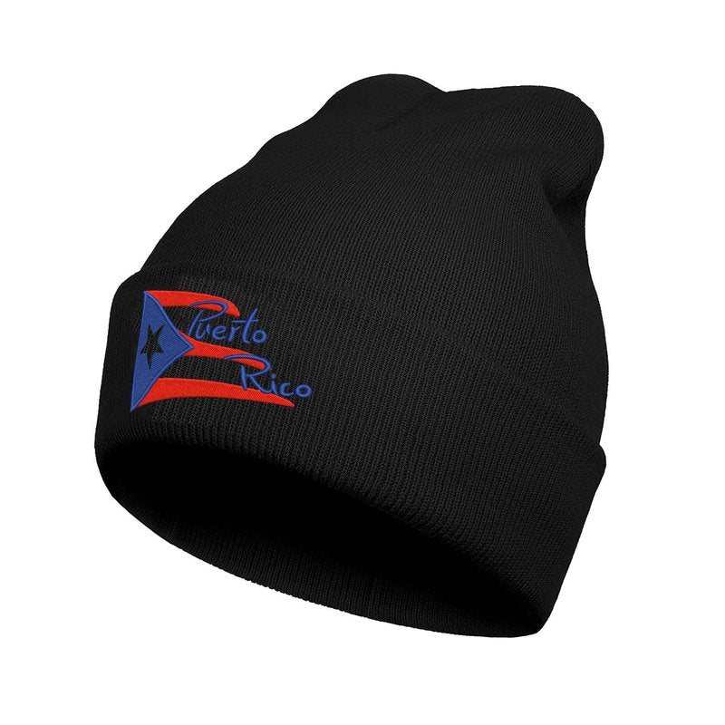 Yuawoi Puerto Rico Flag Embroidered Winter Beanie, Casual Stretch Knit Skull Cap Black