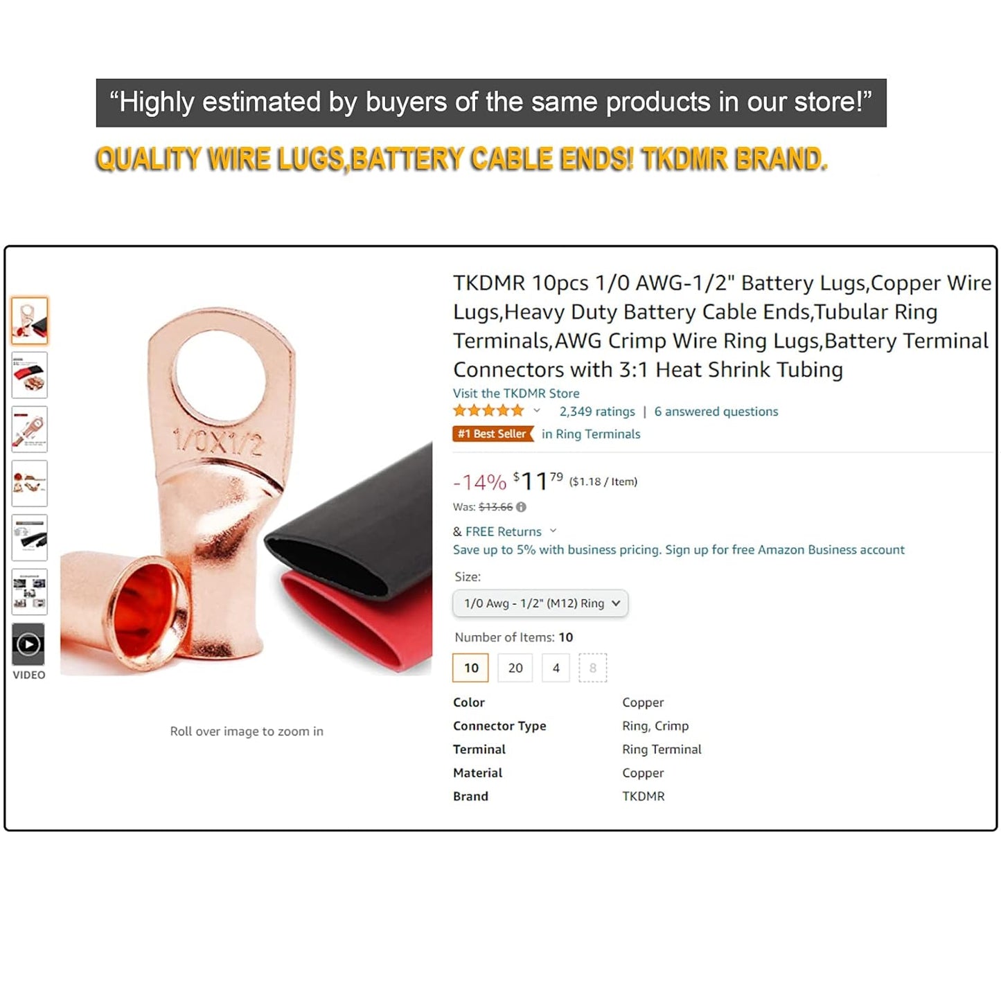 Skiennix 10-Pack Marine Grade Copper Wire Lugs - Heavy Duty 2 AWG with 3:1 Heat Shrink Tubing