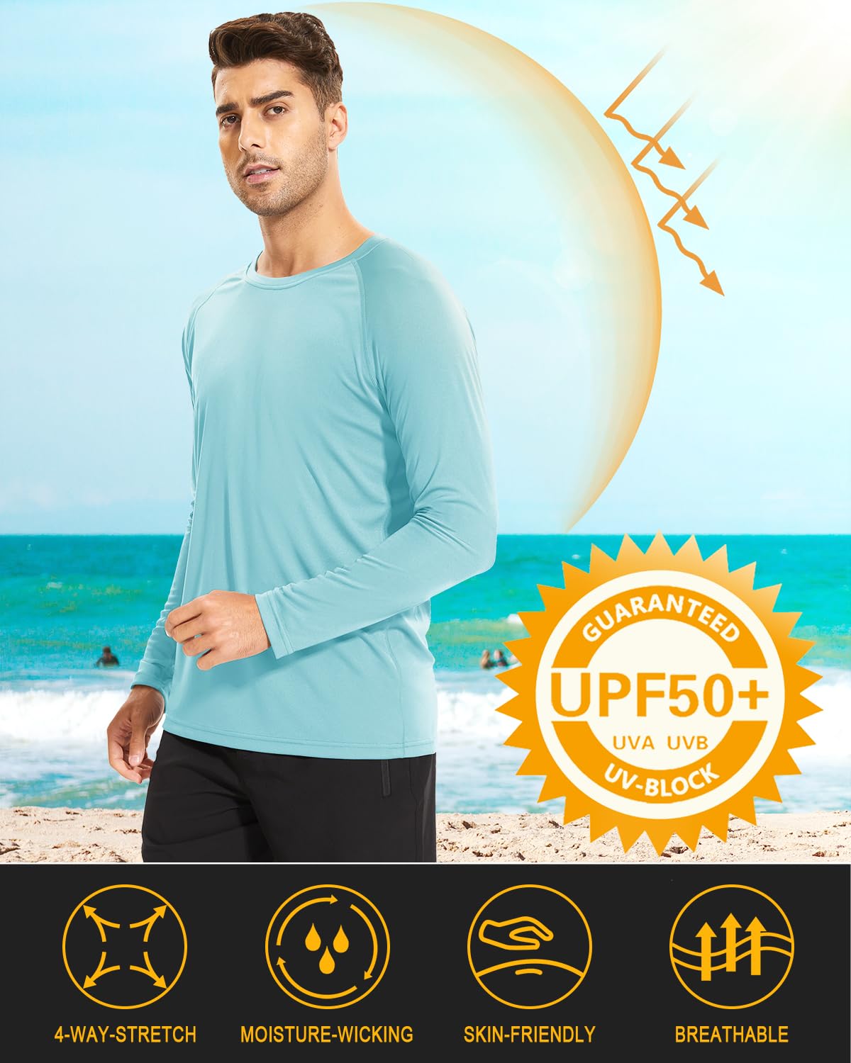 MAGCOMSEN Shirts for Men Swim Hiking T Shirt Long Sleeve Workout Quick Dry Baselayer Shirt Rash Guard Men Lake Blue
