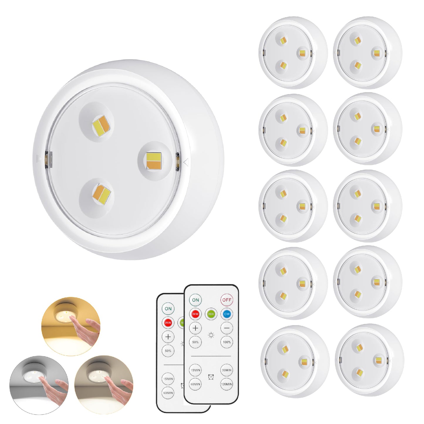 YLXS 10 Pack LED Puck Light with Remote, 3 Color Battery Operated Dimmable Push Tap Light, Portable Under Cabinet Lighting Stick On, for Closet Kitchen