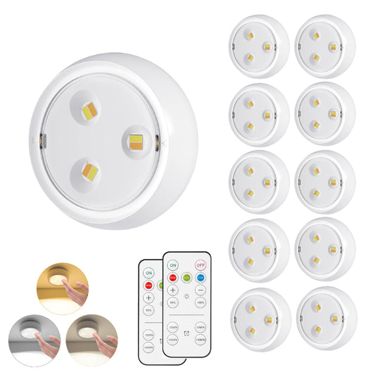 YLXS 10 Pack LED Puck Light with Remote, 3 Color Battery Operated Dimmable Push Tap Light, Portable Under Cabinet Lighting Stick On, for Closet Kitchen