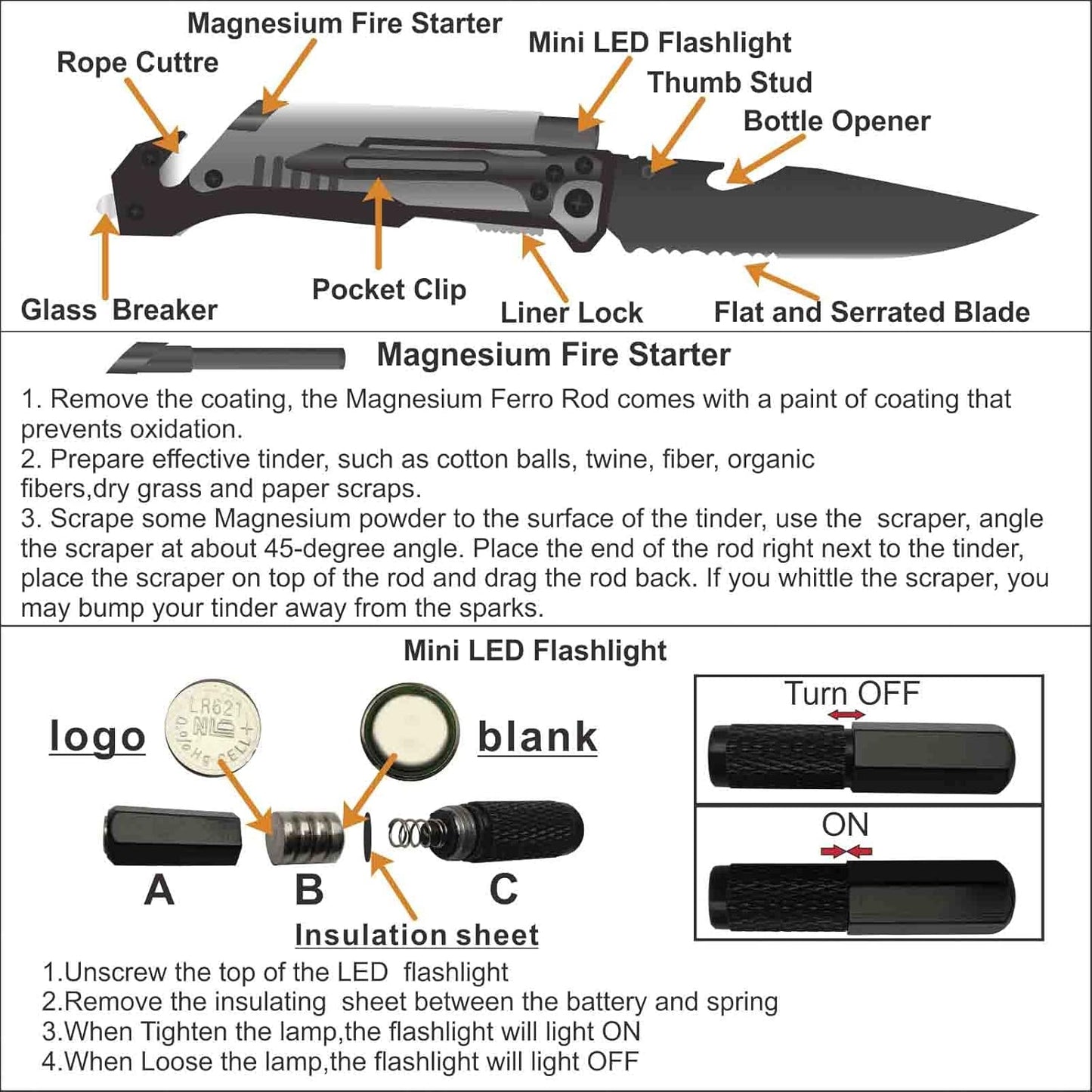 Skiennix Folding Pocket Knife - Multi-Function Emergency Tool with LED Light & Fire Starter | Blue