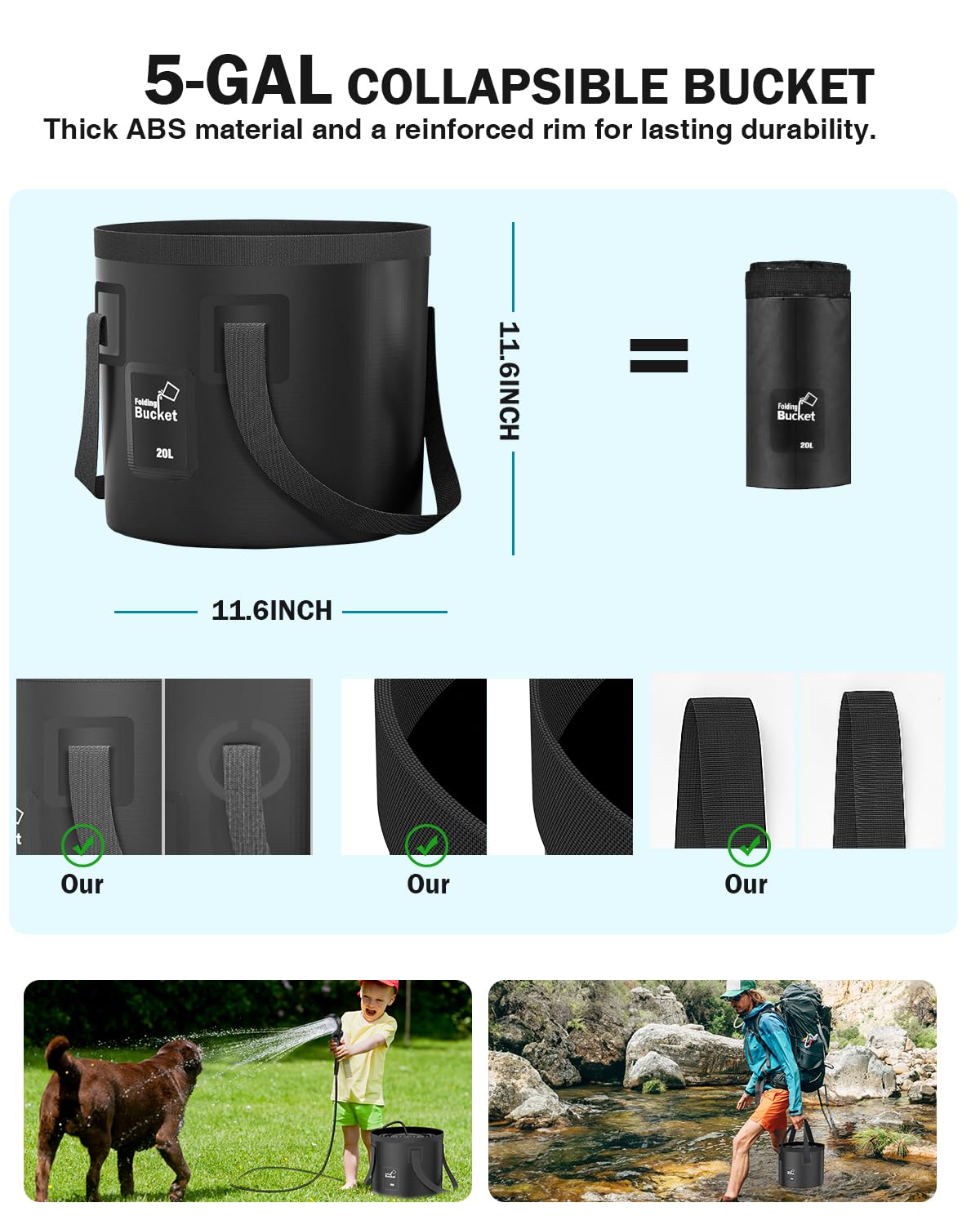 Portable Camping Shower, 6000mAh Camping Shower with LED Display, Camp Shower with 5 Gallons Collapsible Bucket, portable shower with 3 Spray Modes for Hiking, Travel, Car, Pet