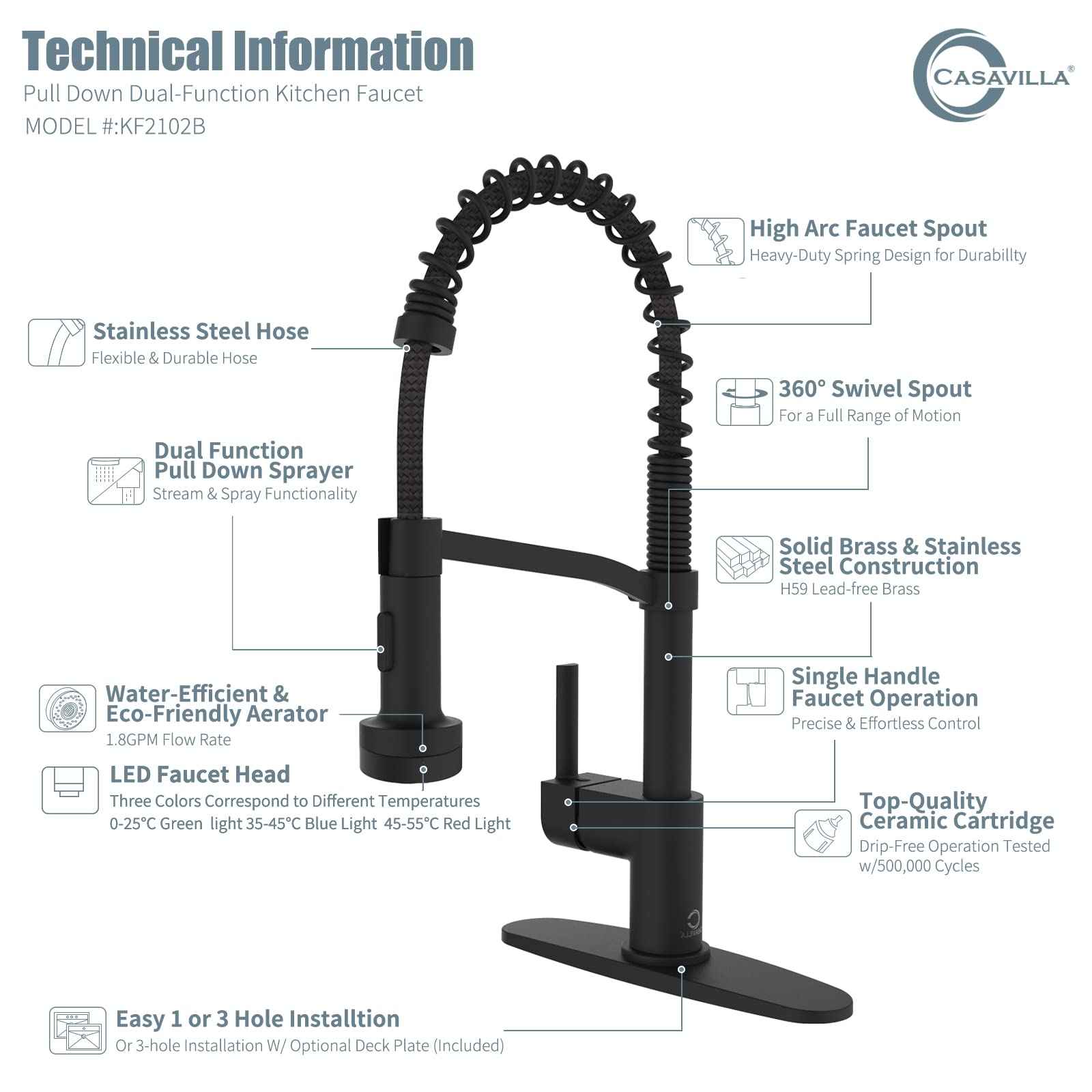 Casavilla Black Kitchen Faucet with Soap Dispenser, Faucet with Light, Faucet for Camper Farmhouse RV Kitchen Sink, Single Handle Stainless Steel Kitchen Sink Faucets with Pull Down Sprayer