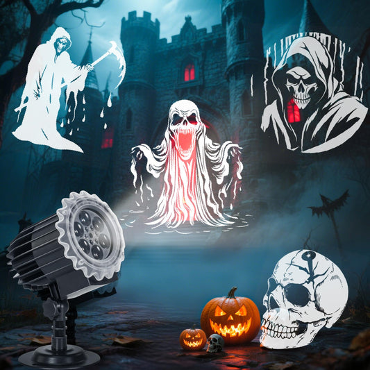 Halloween Projector Lights Outdoor, 3D Dynamic Rotating Skull Ghost Skeleton Decorations Indoor,Waterproof Holiday Light for Window, 2025 Latest Terror Atmosphere Maker,Halloween Decor for Door,Garage